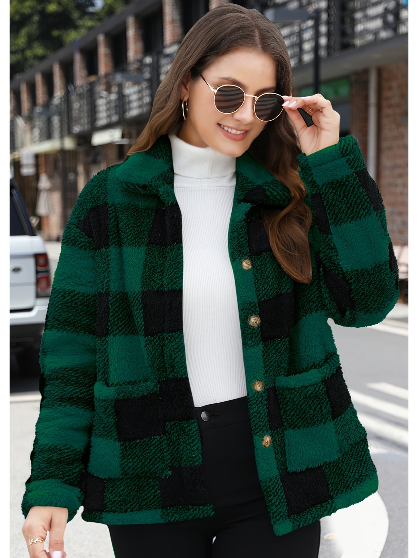 vlovelaw Plaid Print Patched Pockets Teddy Coat, Versatile Long Sleeve Single Breasted Winter Outwear, Women's Clothing