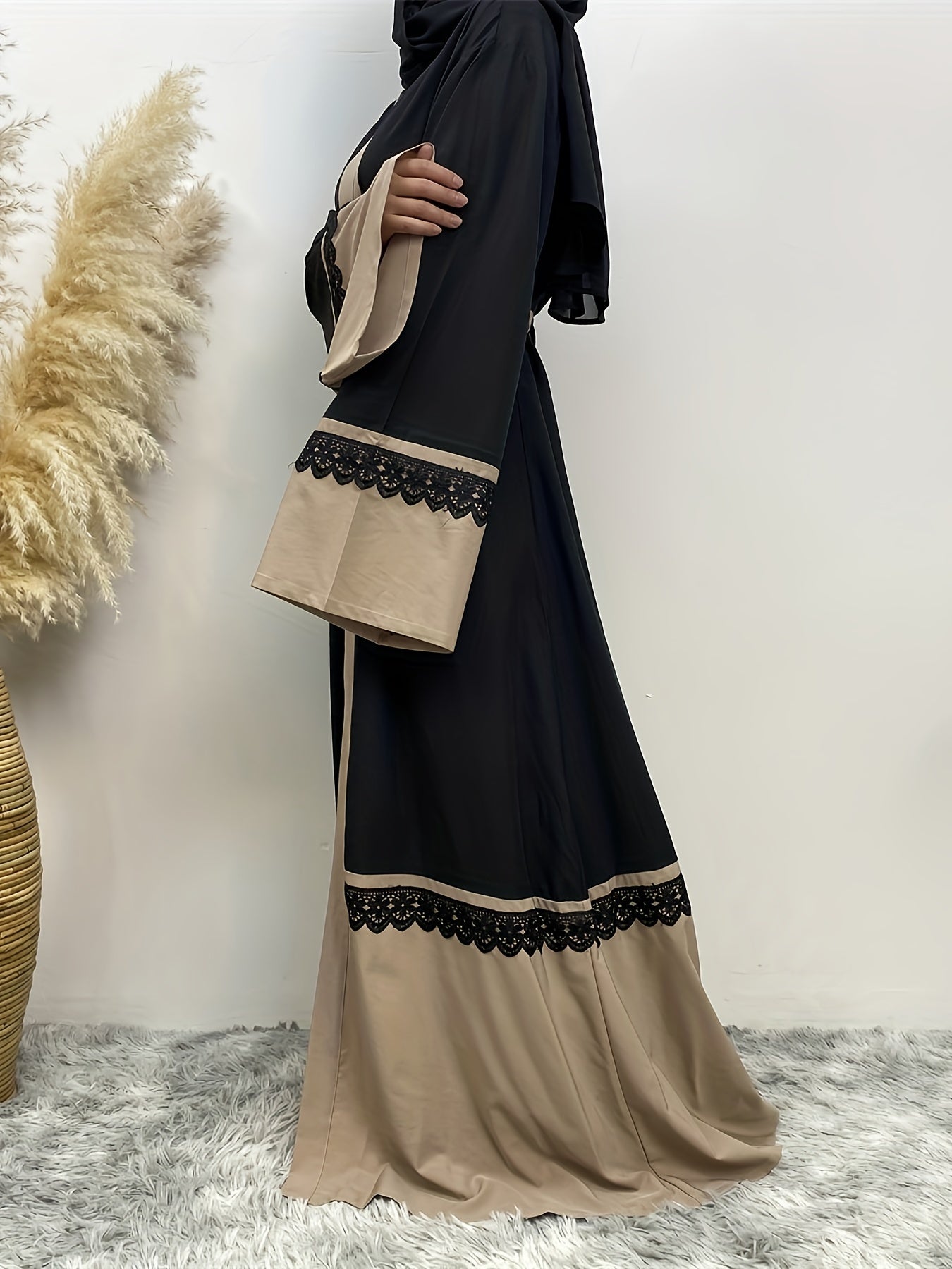 Lace Stitching Color Block Abayas, Elegant Tie Waist Long Sleeve Maxi Length Dress, Women's Clothing
