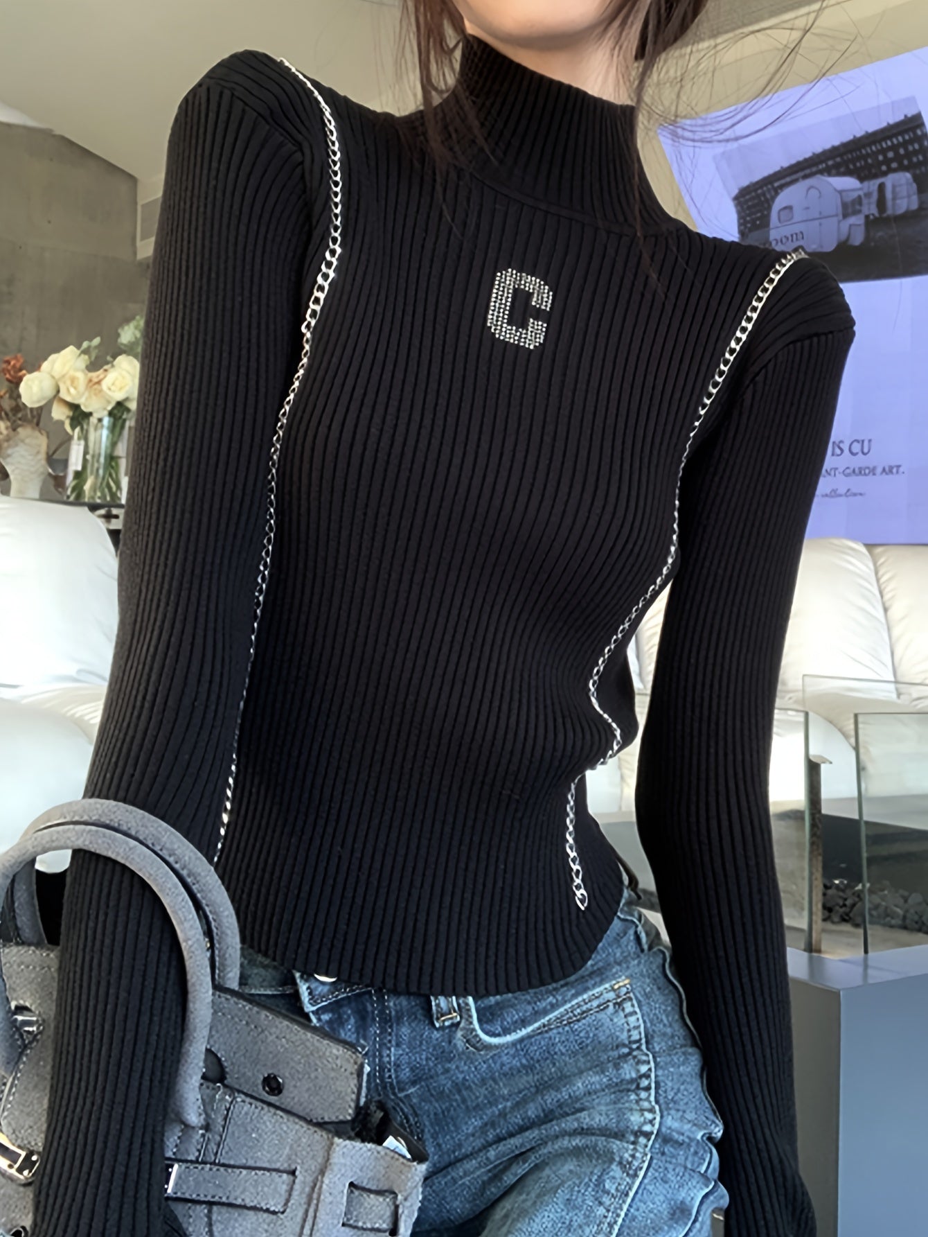 vlovelaw vlovelaw Letter Pattern Contrast Trim Sweater, Casual Long Sleeve Mock Neck Top, Women's Clothing