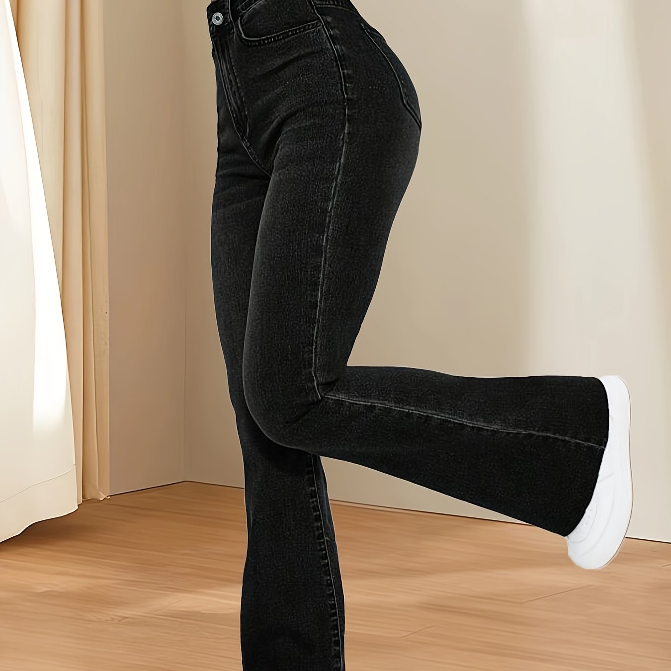 vlovelaw Black Slant Pockets Flare Jeans, High Stretch Washed Bell Bottom Jeans, Women's Denim Jeans & Clothing