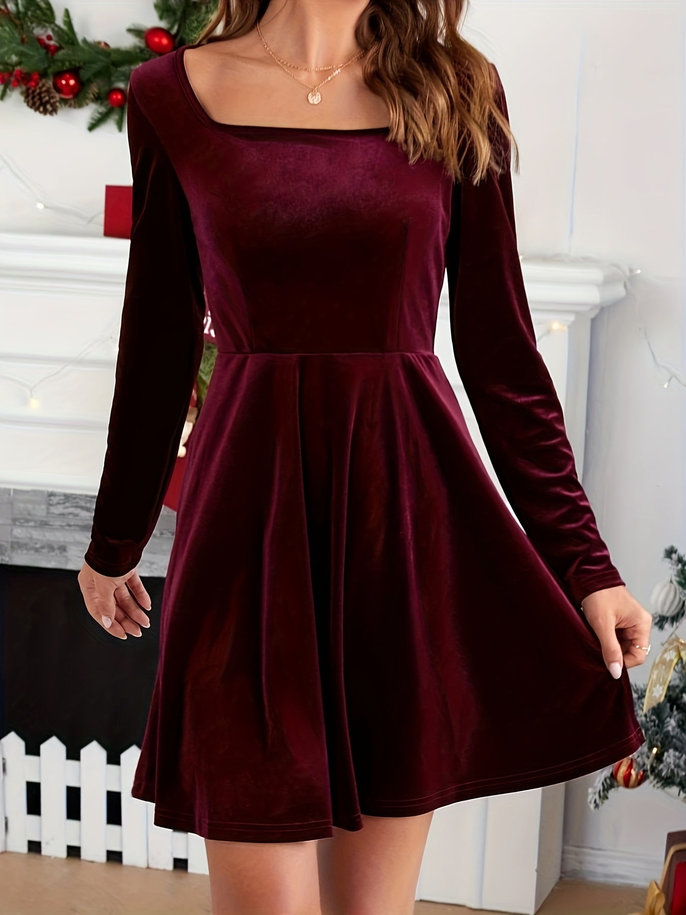 Solid Squared Neck Mini Dress, Elegant Long Sleeve Party Dress, Women's Clothing