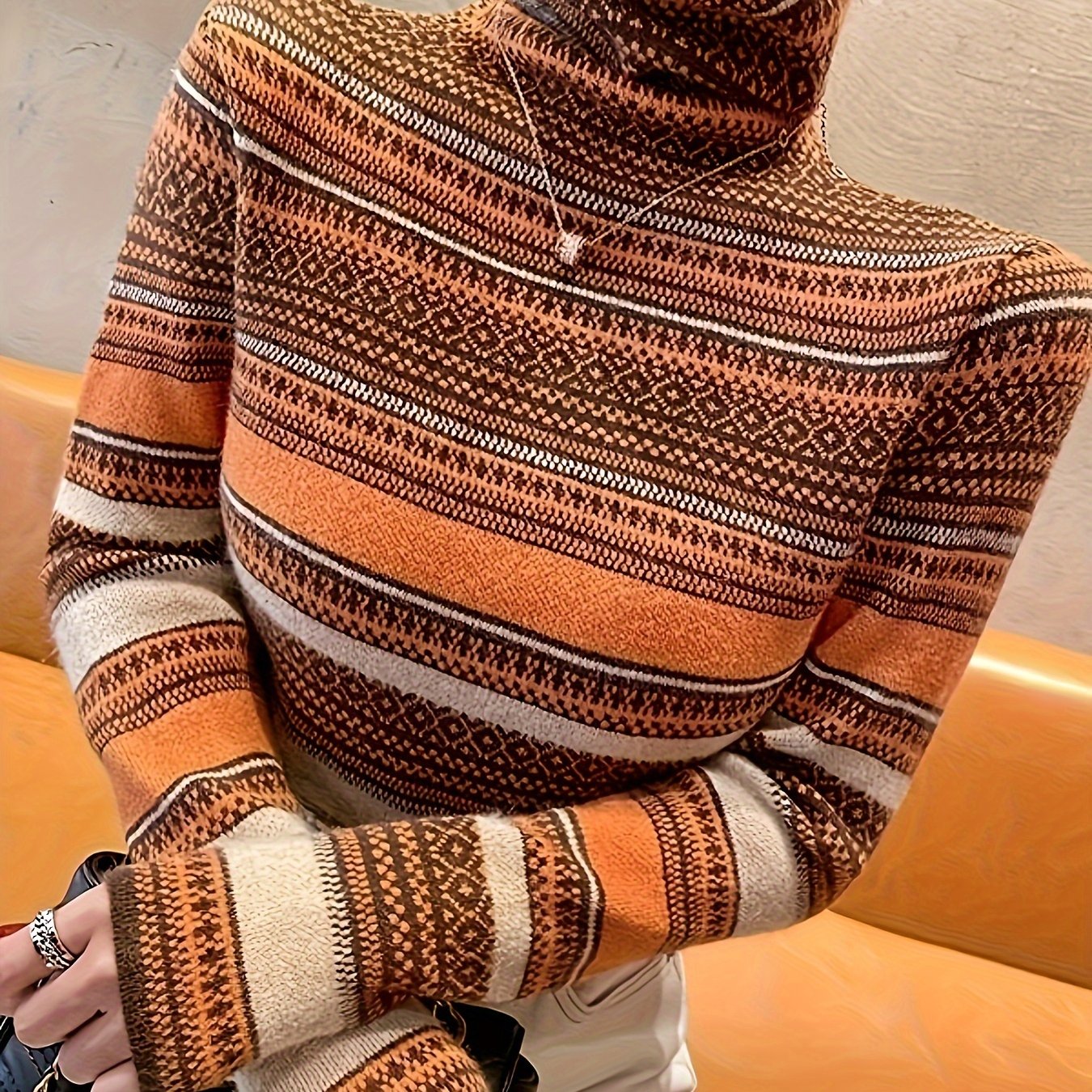 vlovelaw Stripes Print Turtle Neck Pullover Sweater, Elegant Long Sleeve Knitted Sweater For Fall & Winter, Women's Clothing