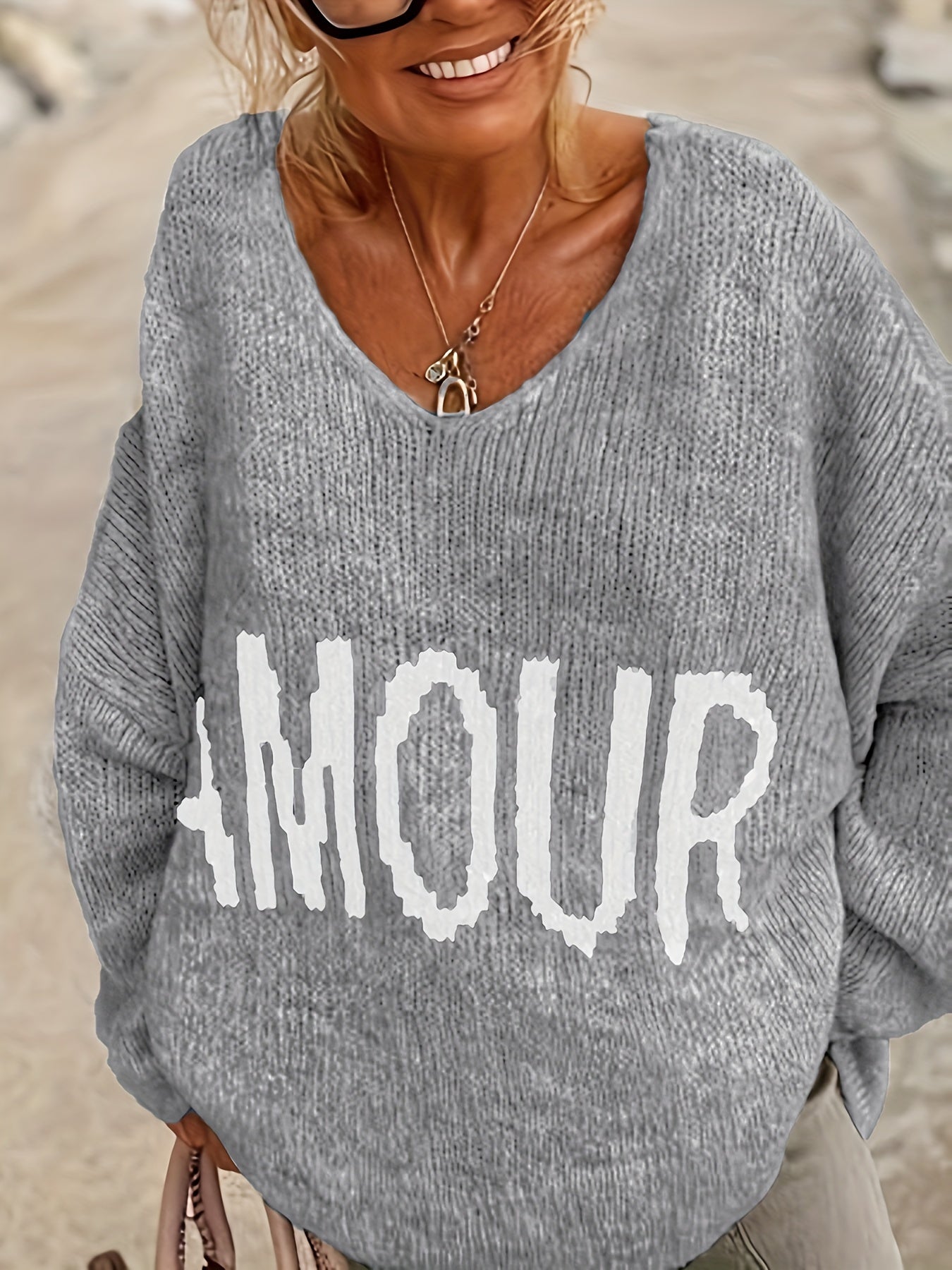 Letter Pattern V Neck Pullover Sweater, Casual Long Sleeve Drop Shoulder Sweater, Women's Clothing