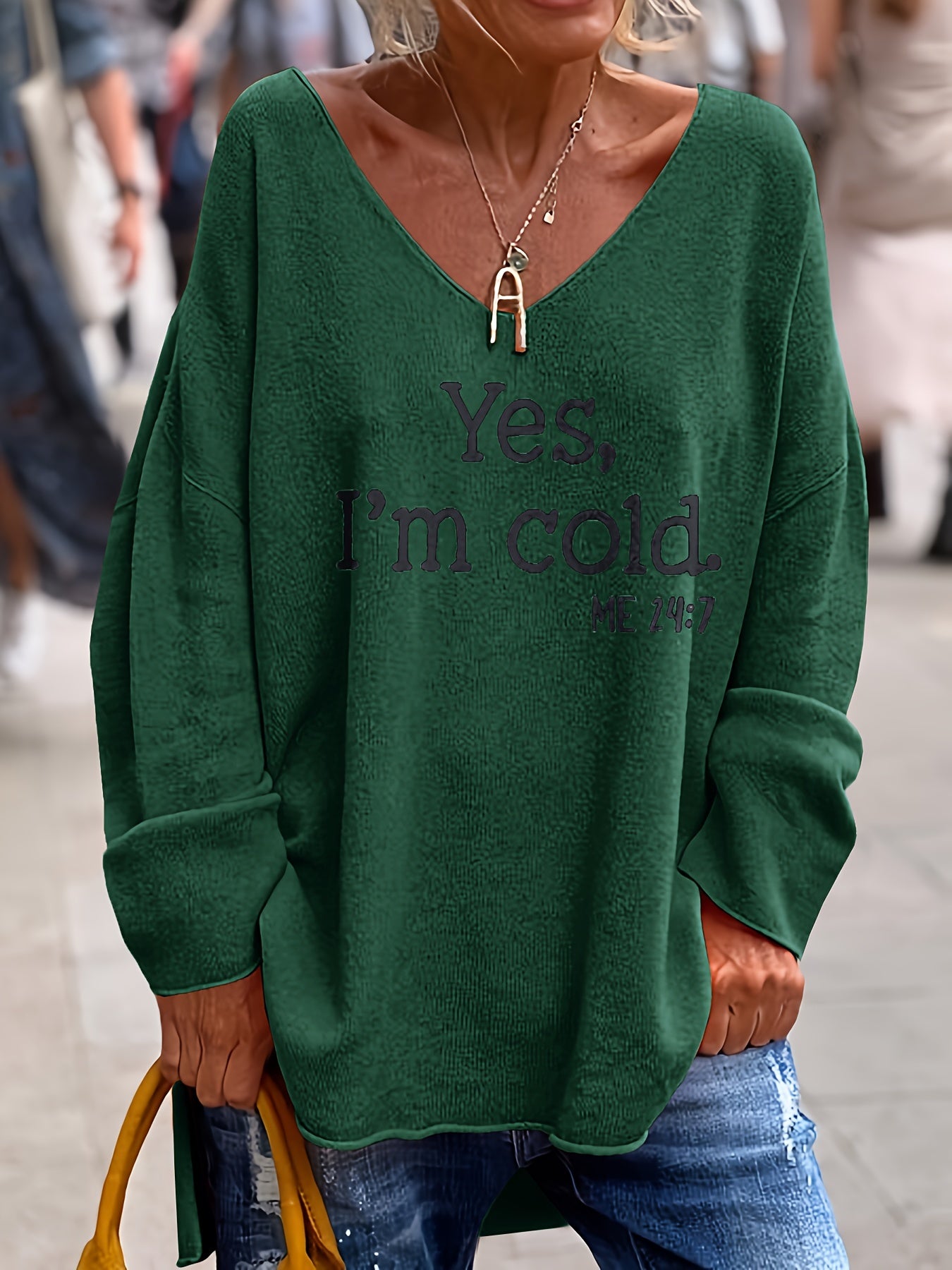 Letter Pattern V Neck Oversized Sweater, Casual Long Sleeve Rolled Trim Sweater, Women's Clothing