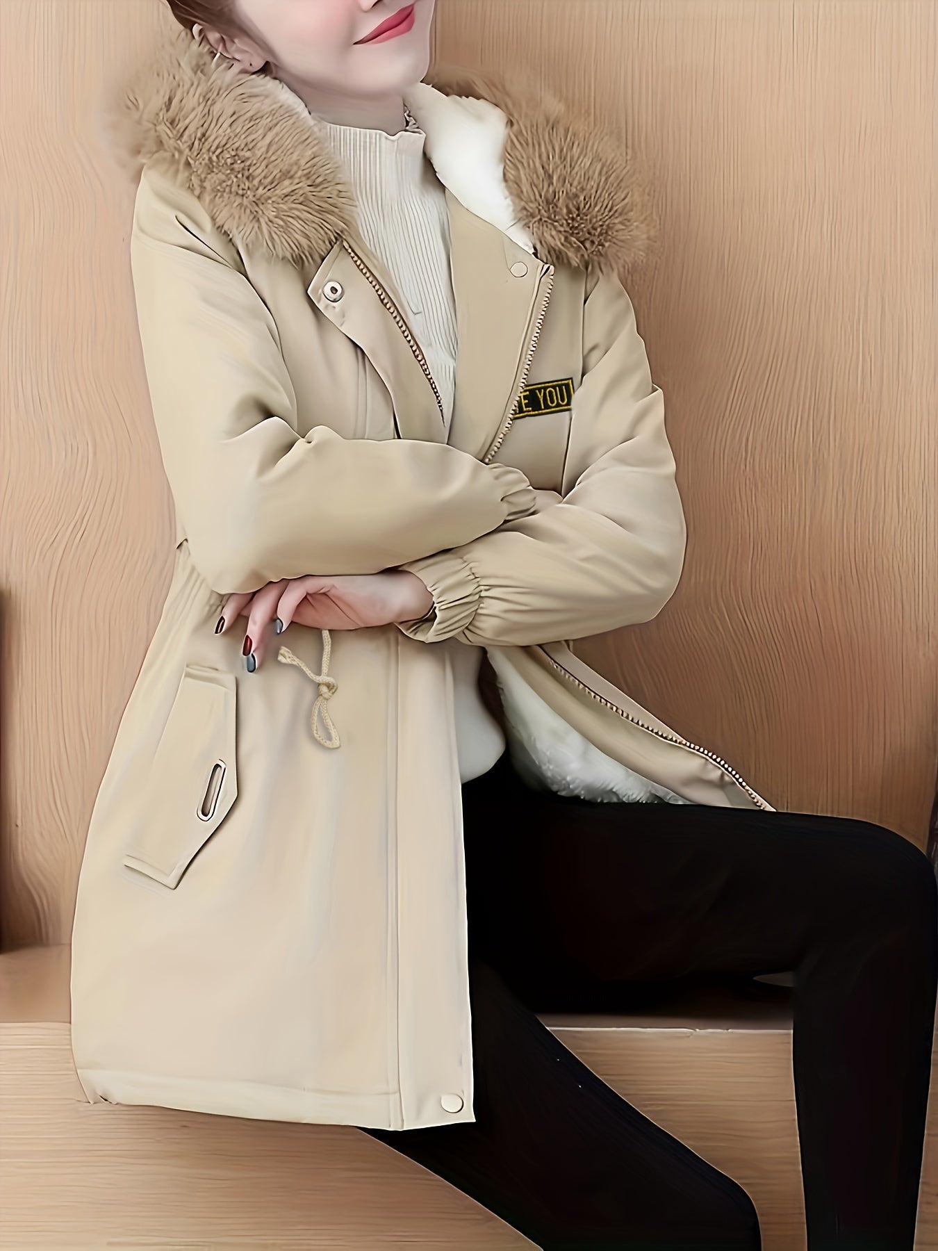 vlovelaw Fluffy Trim Zip Up Coat, Casual Solid Long Sleeve Winter Outerwear, Women's Clothing