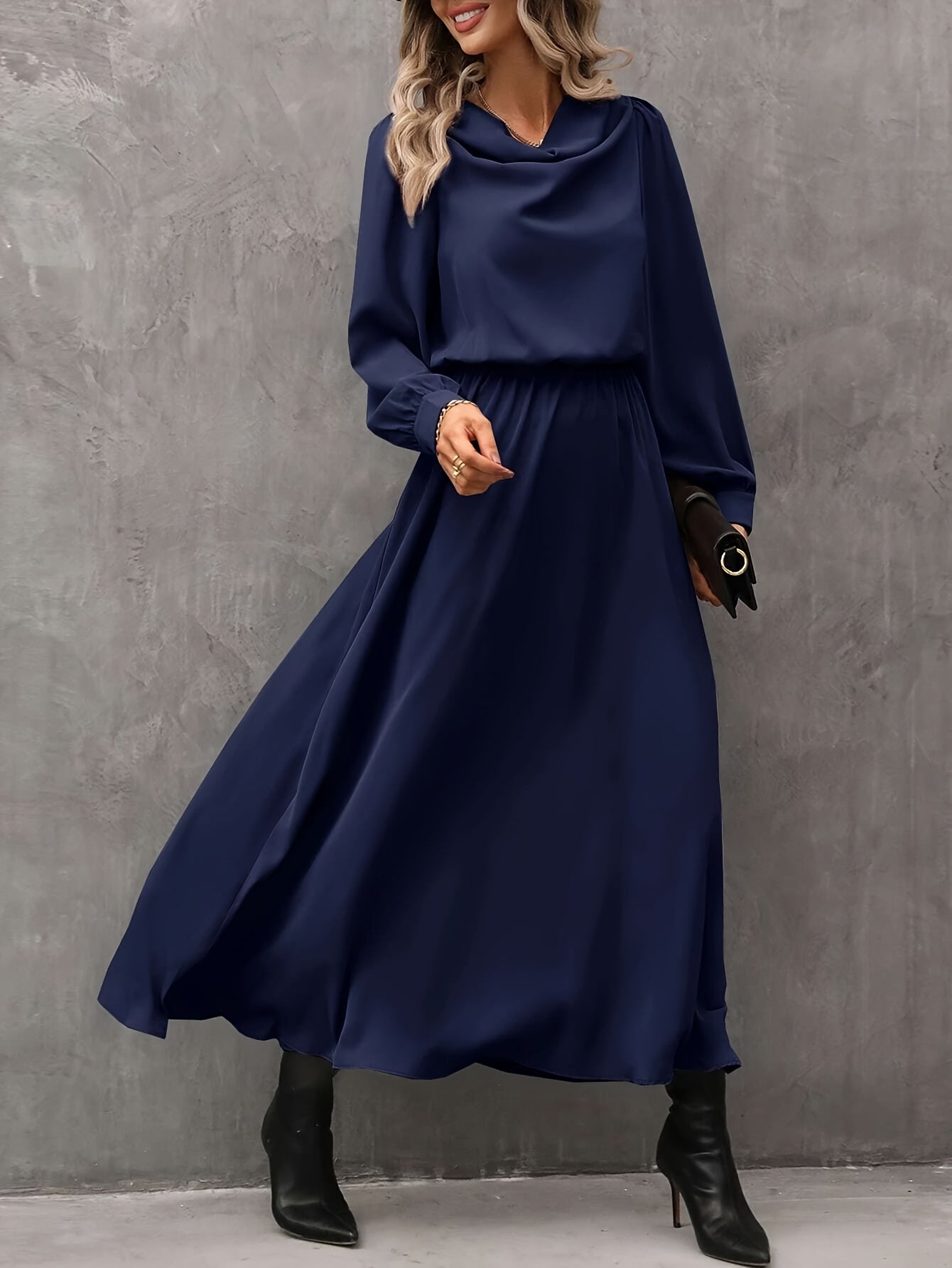 vlovelaw Cowl Neck Solid Midi Dress, Elegant Long Sleeve A Line Dress, Women's Clothing