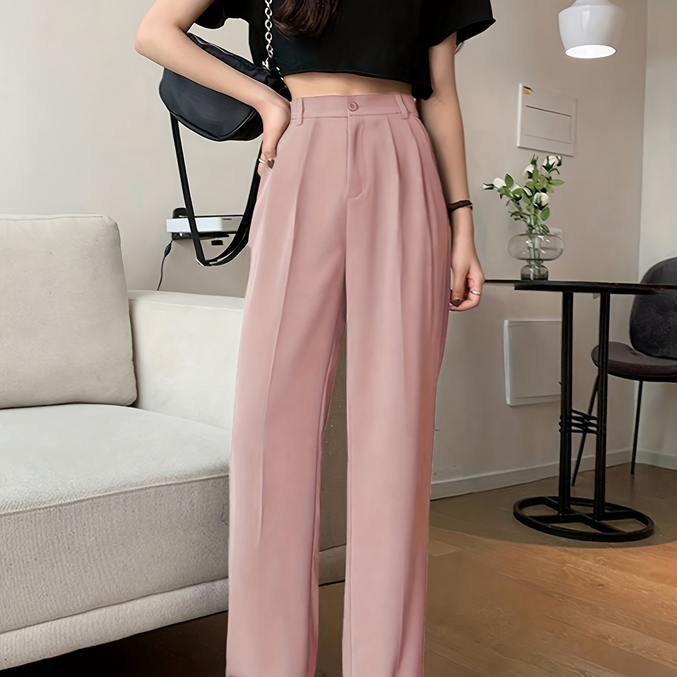 vlovelaw Solid Draped Straight Leg Pants, Casual Button High Waist Pleated Pants, Women's Clothing