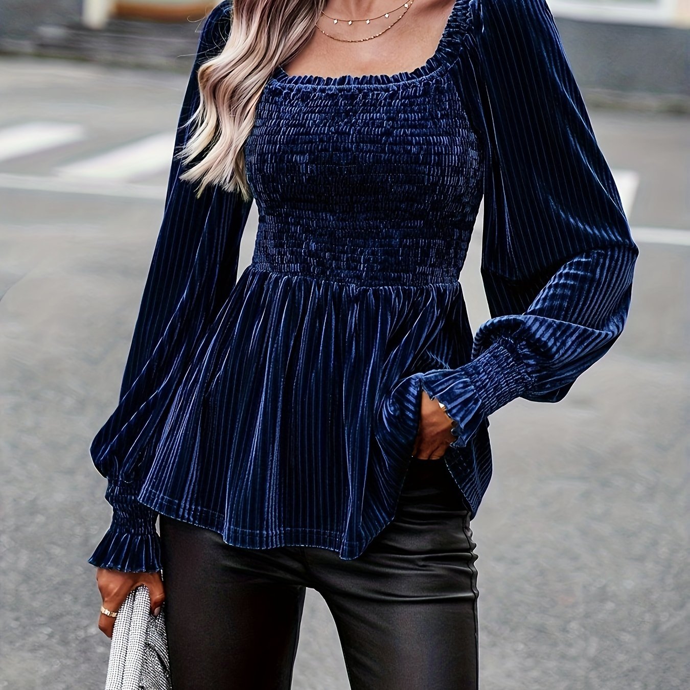 vlovelaw Shirred Velvet Square Neck T-Shirt, Elegant Long Sleeve Top For Spring & Fall, Women's Clothing