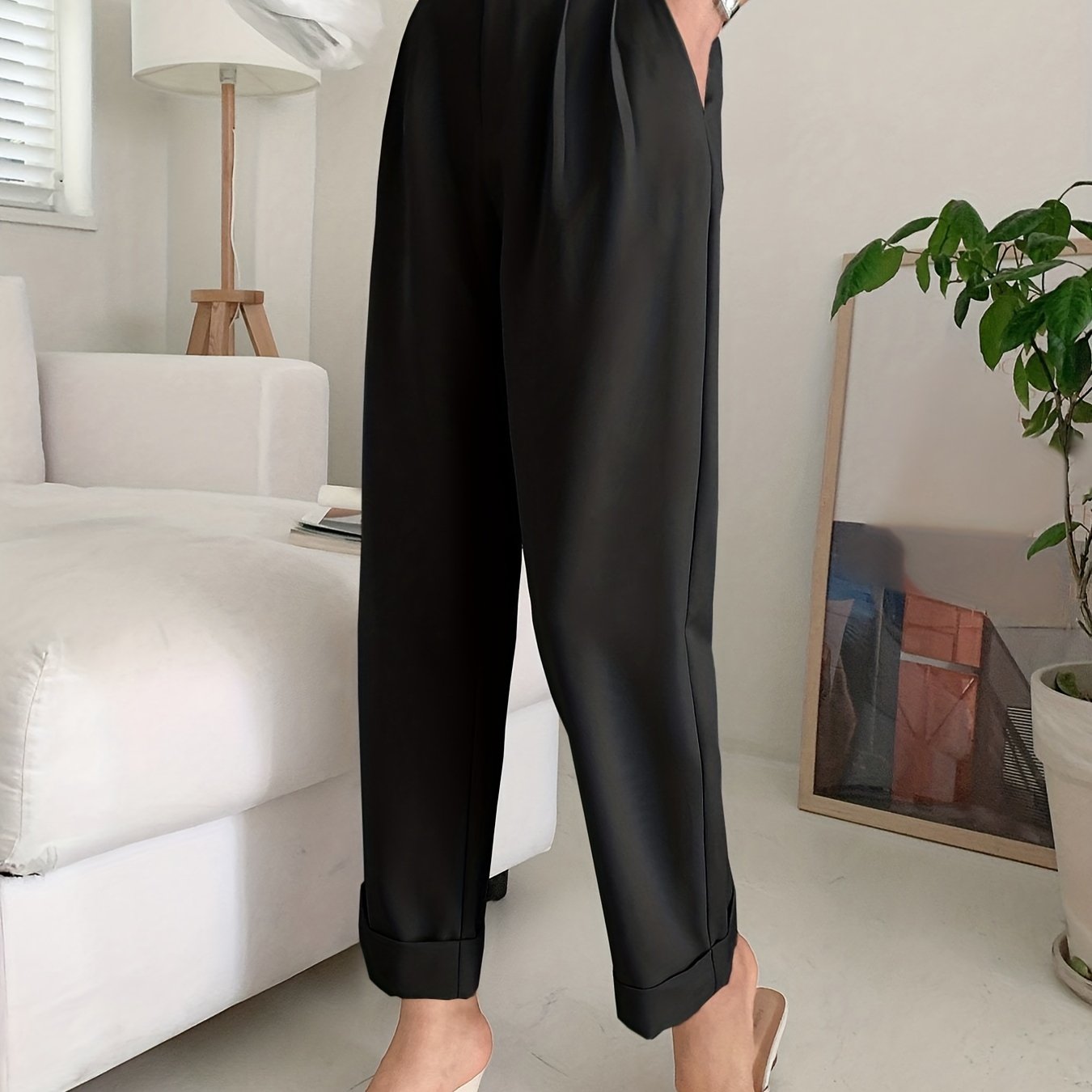 Solid Button Straight Leg Pants, Casual High Waist Draped Pleated Pants, Women's Clothing