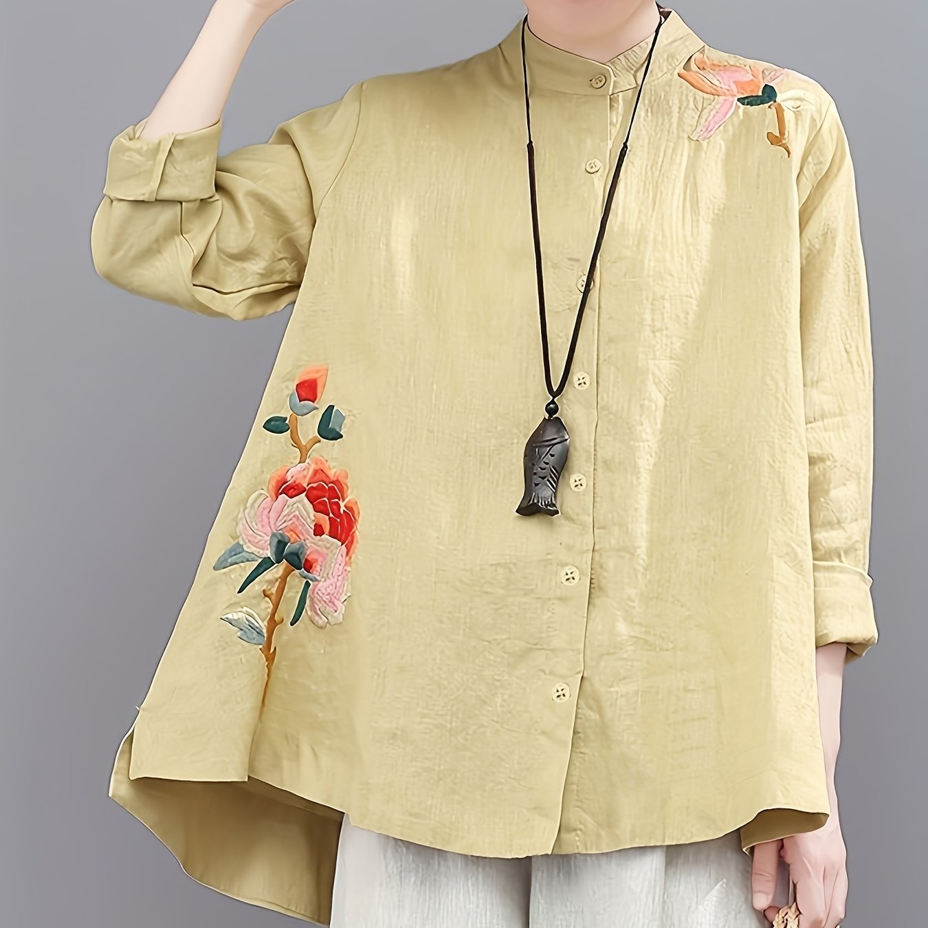 Chinese Retro Embroidered T-Shirt, Long Sleeve Button Up High Neck Casual Top For Spring & Summer, Women's Clothing