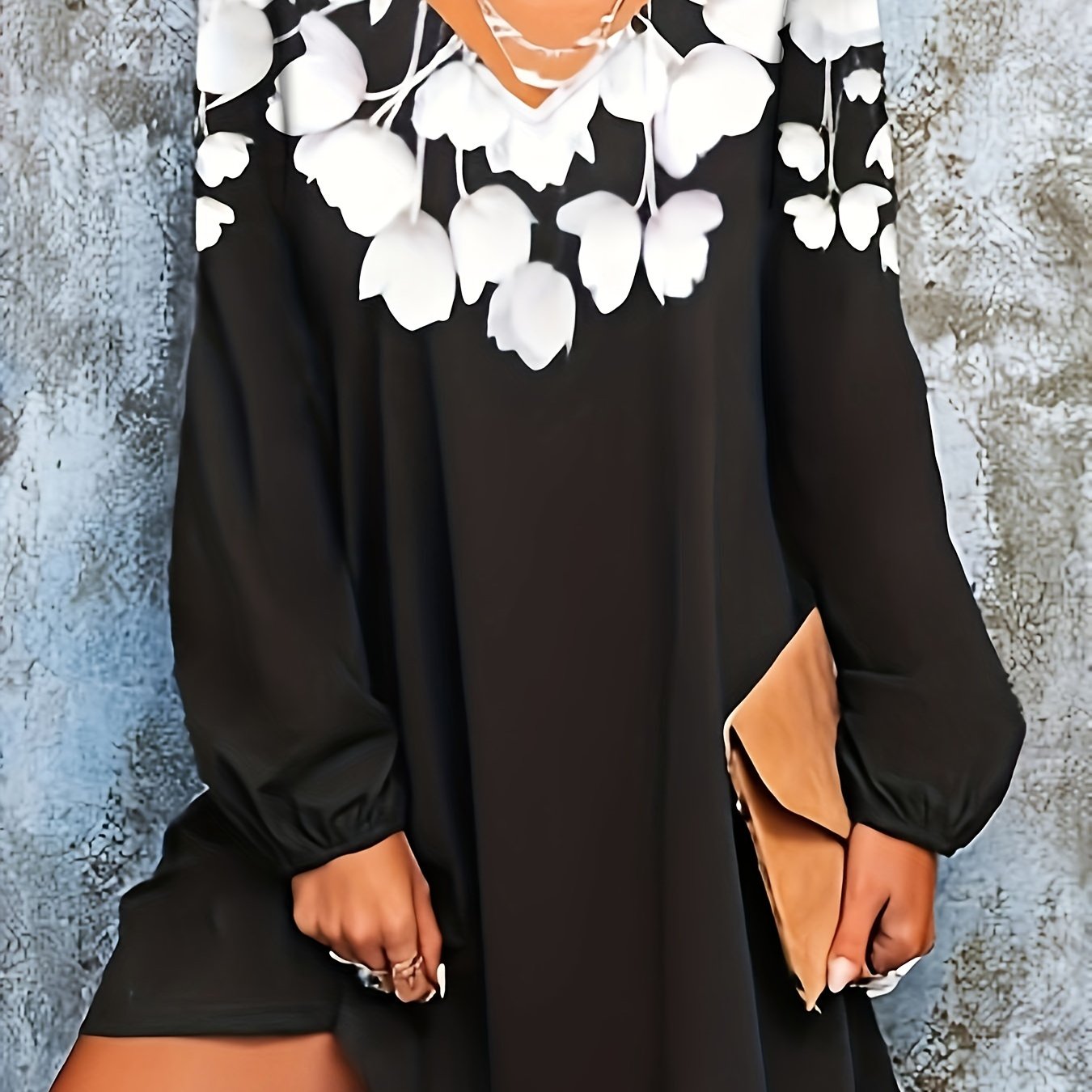 Plus Size Casual Top, Women's Plus Colorblock Floral Print Long Sleeve V Neck Tunic Top