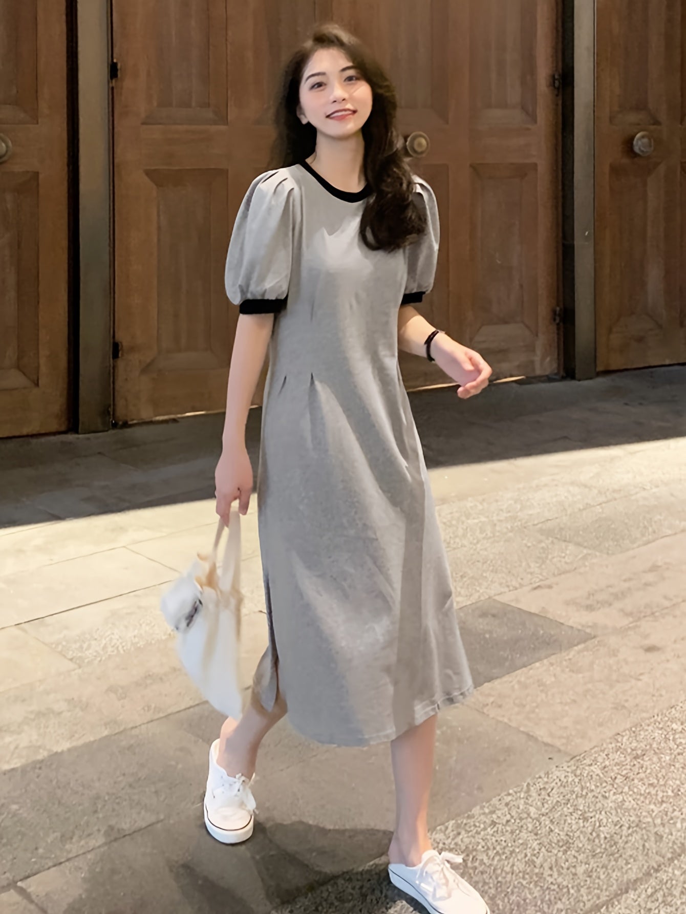 vlovelaw Contrast Trim Crew Neck Dress, Casual Short Sleeve Dress For Spring & Summer, Women's Clothing