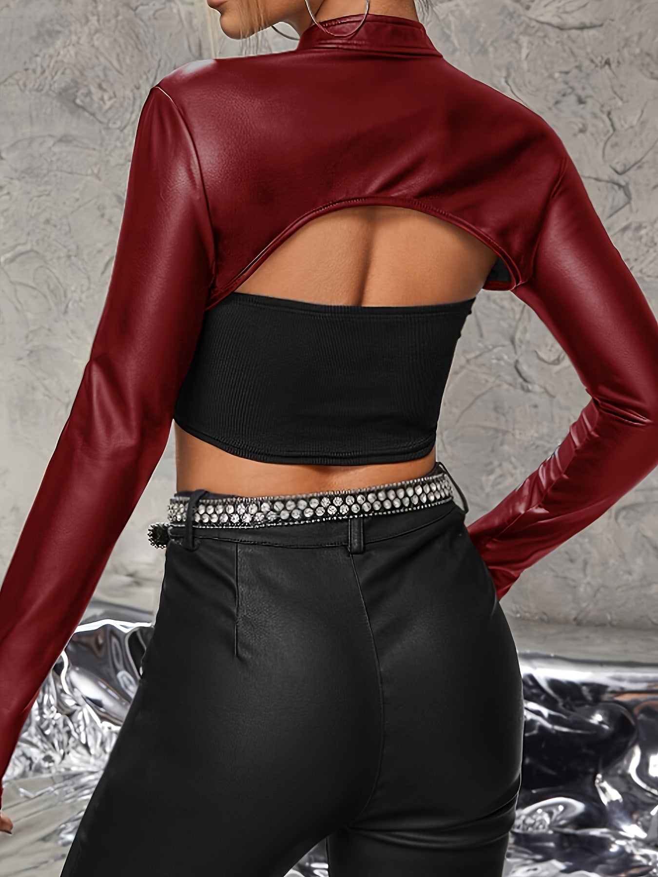 vlovelaw Solid Faux Leather Crop Top, Vintage Long Sleeve Crop Top For Spring & Fall, Women's Clothing
