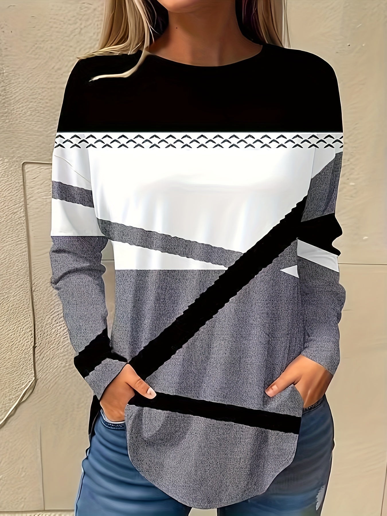 vlovelaw Colorblock Print Crew Neck T-Shirt, Casual Long Sleeve Top For Spring & Fall, Women's Clothing