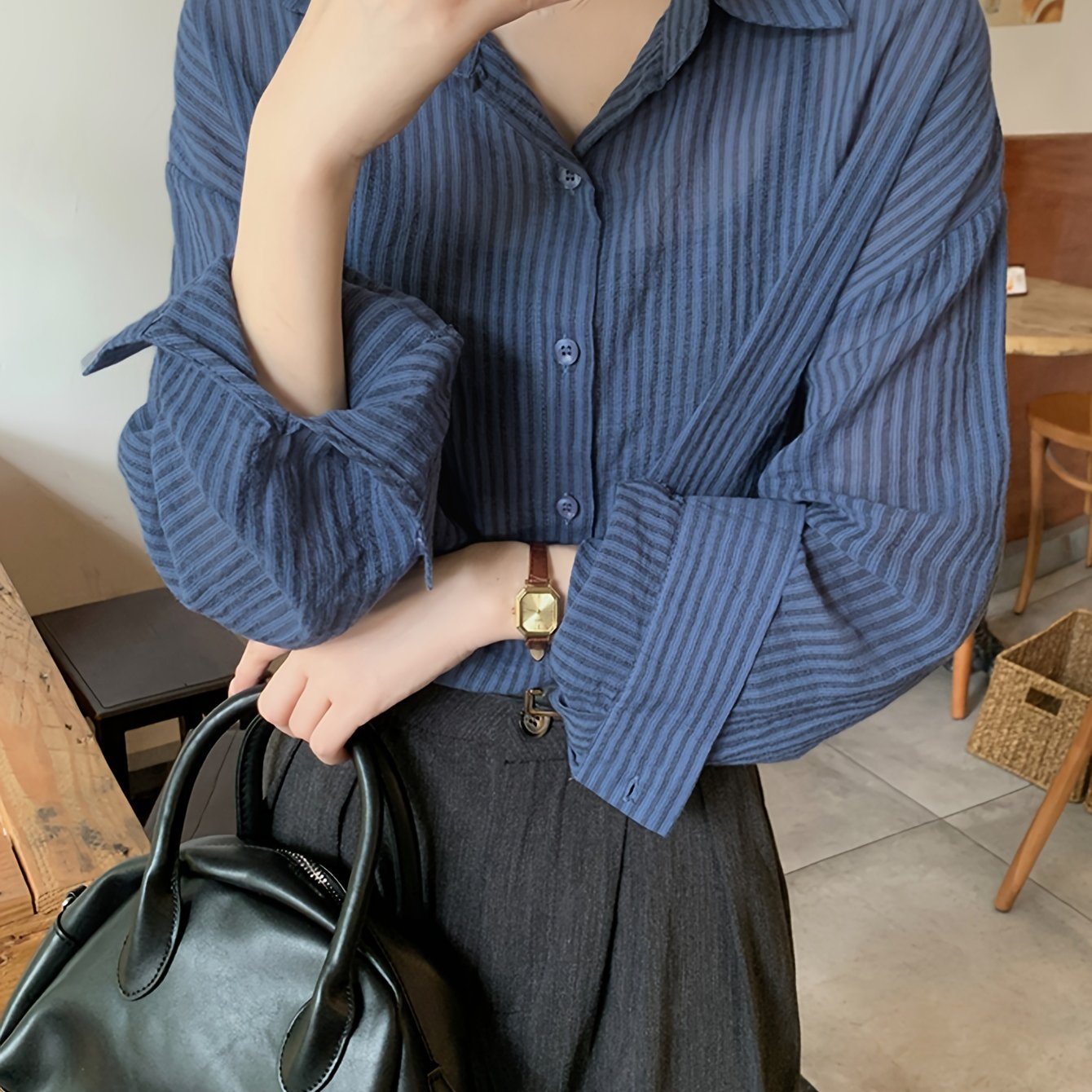 vlovelaw vlovelaw Stripe Print Polo Collar Button Shirt, Casual Long Sleeve Shirt For Spring & Fall, Women's Clothing