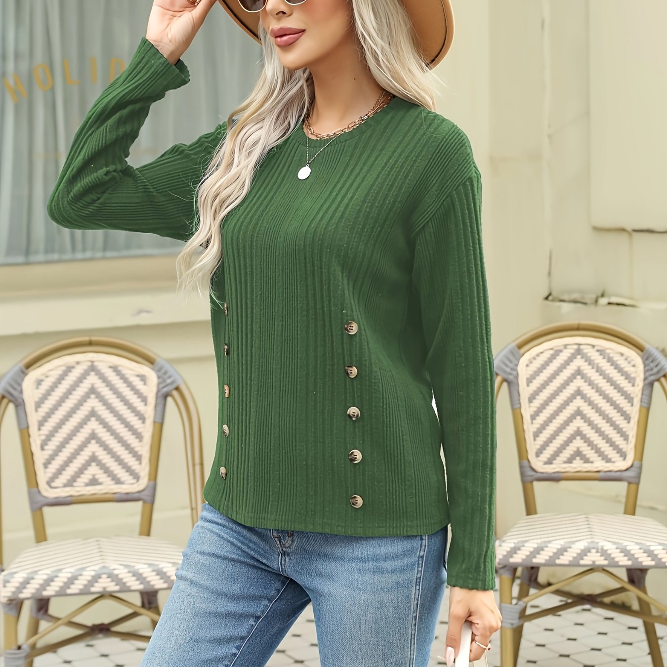 vlovelaw Ribbed Button Decor Crew Neck T-Shirt, Casual Long Sleeve Top For Spring & Fall, Women's Clothing