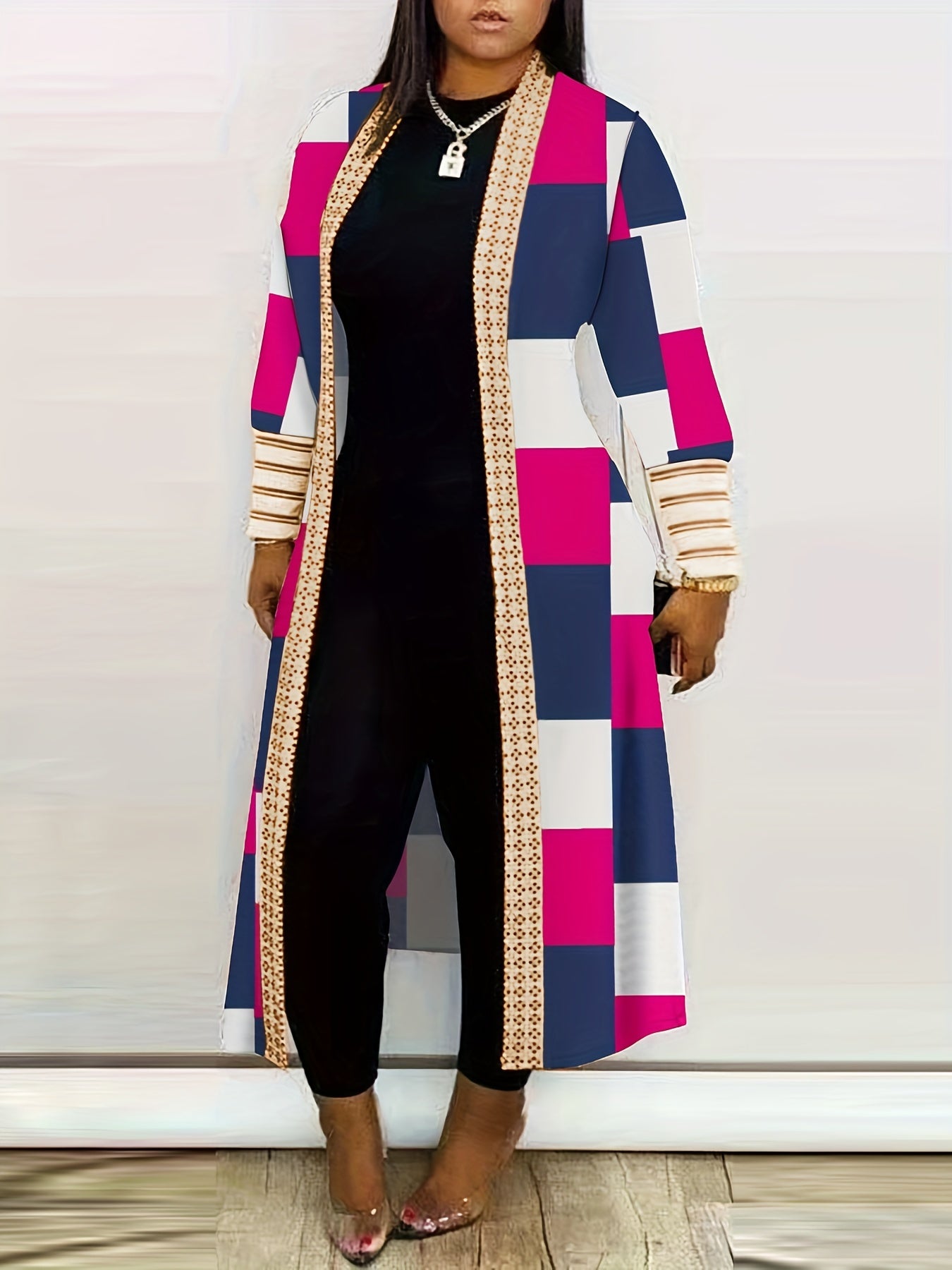 vlovelaw Plus Size Colorblock Longline Coat, Women's Plus Slight Stretch Casual Trench Coat