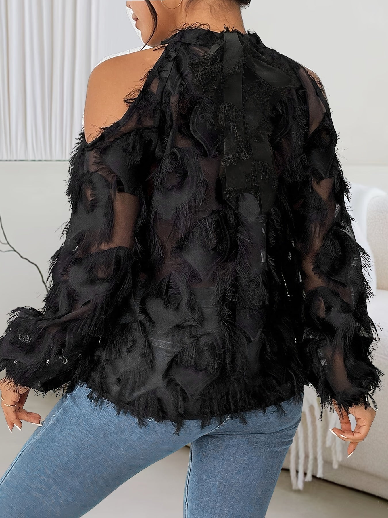 vlovelaw Plus Size Fringe Trim Top, Casual Cold Shoulder Long Sleeve Top, Women's Plus Size Clothing