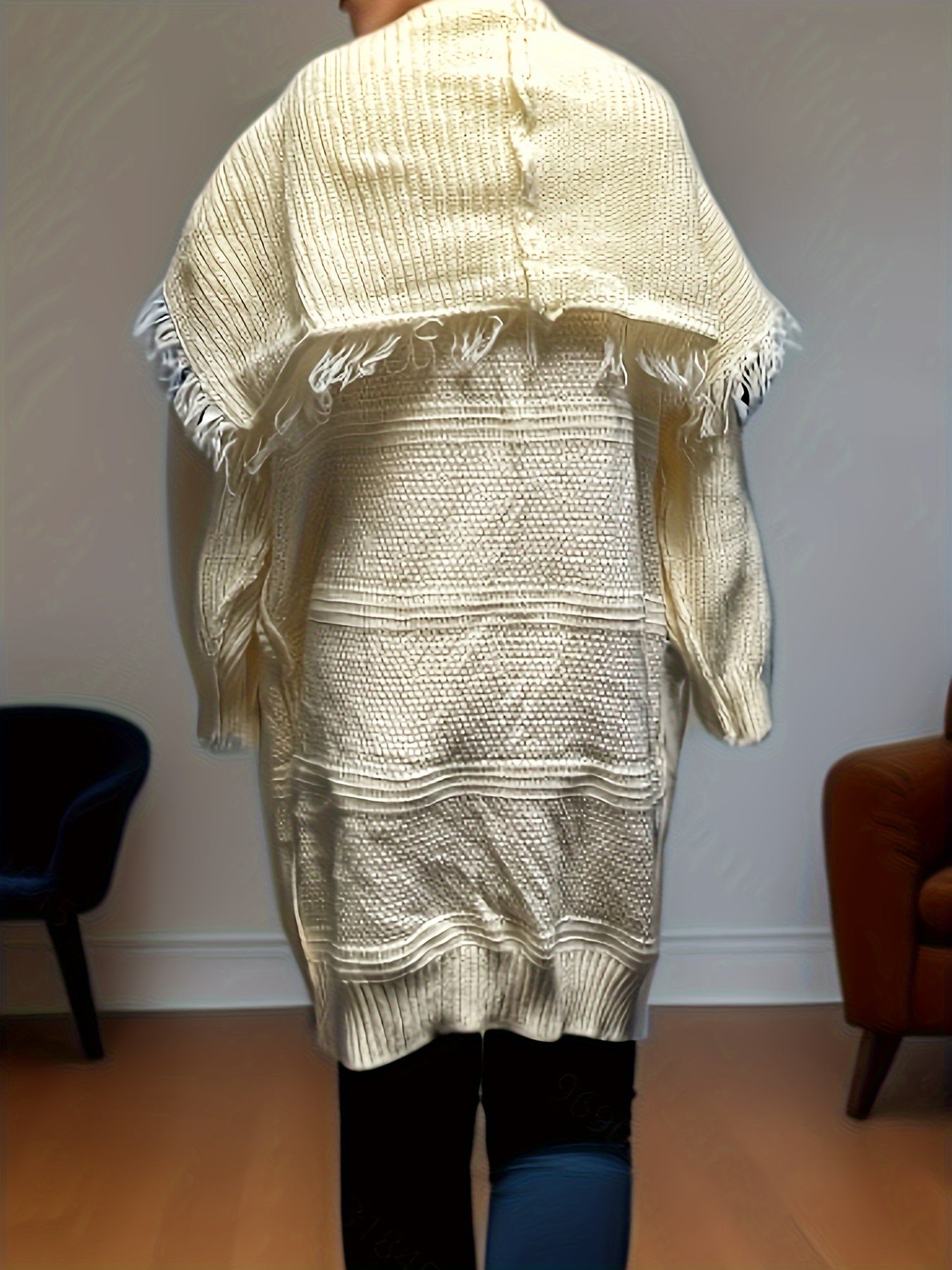 vlovelaw vlovelaw Fringe Trim Open Front Solid Cardigan, Long Sleeve Cardigan For Fall & Winter, Women's Clothing