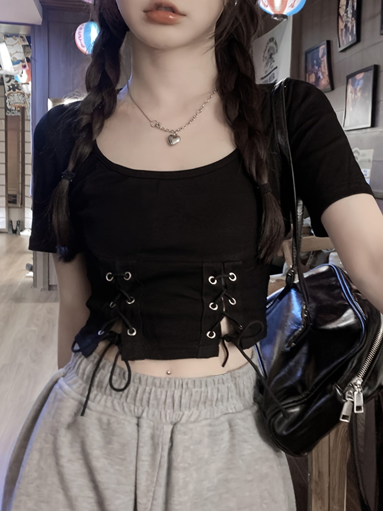 vlovelaw Solid Cross Tie Front Crop T-Shirt, Casual Crew Neck Short Sleeve T-Shirt For Spring & Summer, Women's Clothing