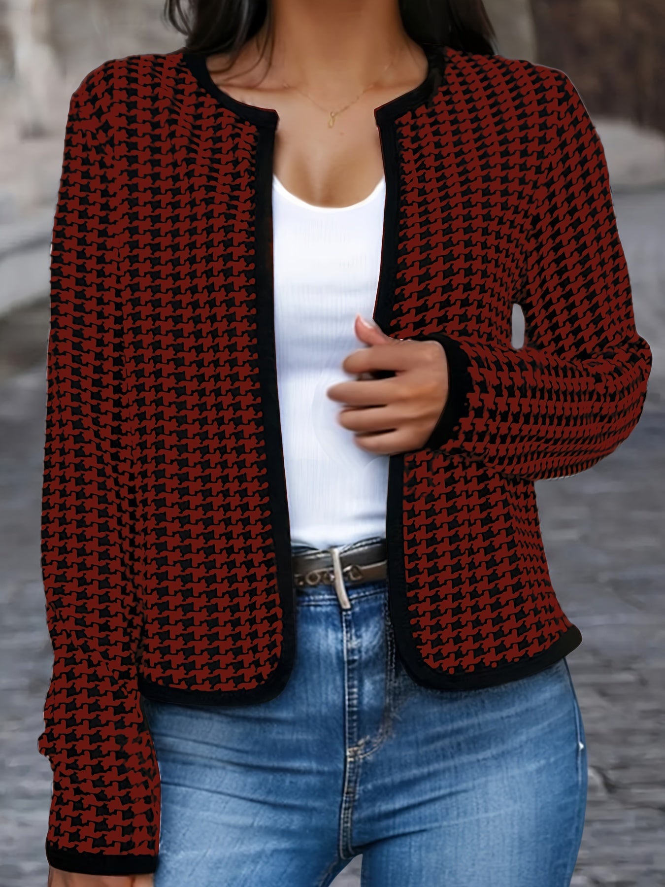 vlovelaw  Houndstooth Print Jacket, Casual Open Front Crew Neck Long Sleeve Outerwear, Women's Clothing