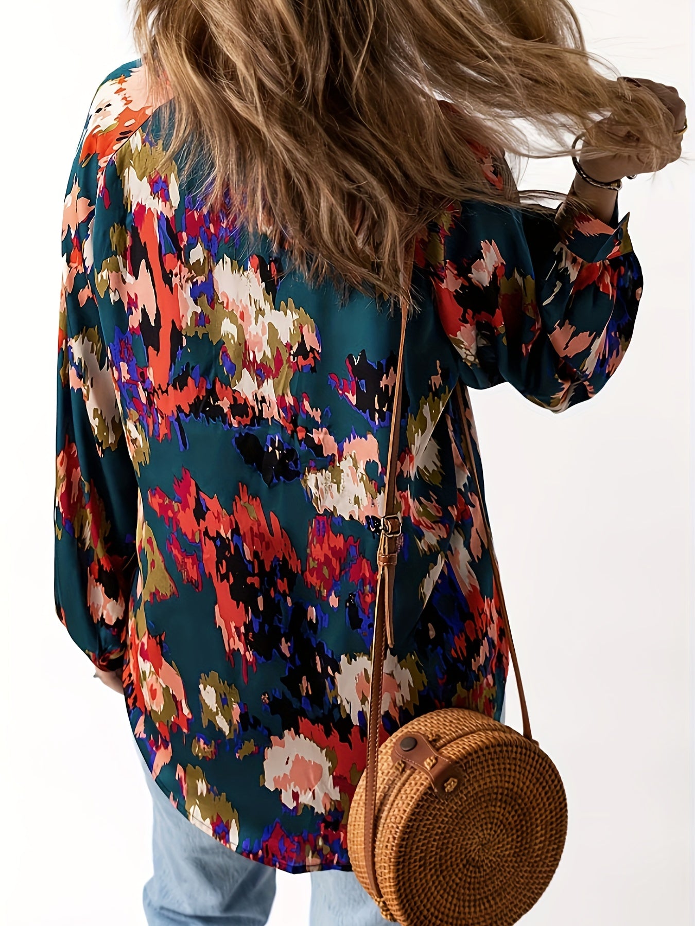 Allover Print V Neck Blouse, Casual Long Sleeve Stylish Blouse, Women's Clothing