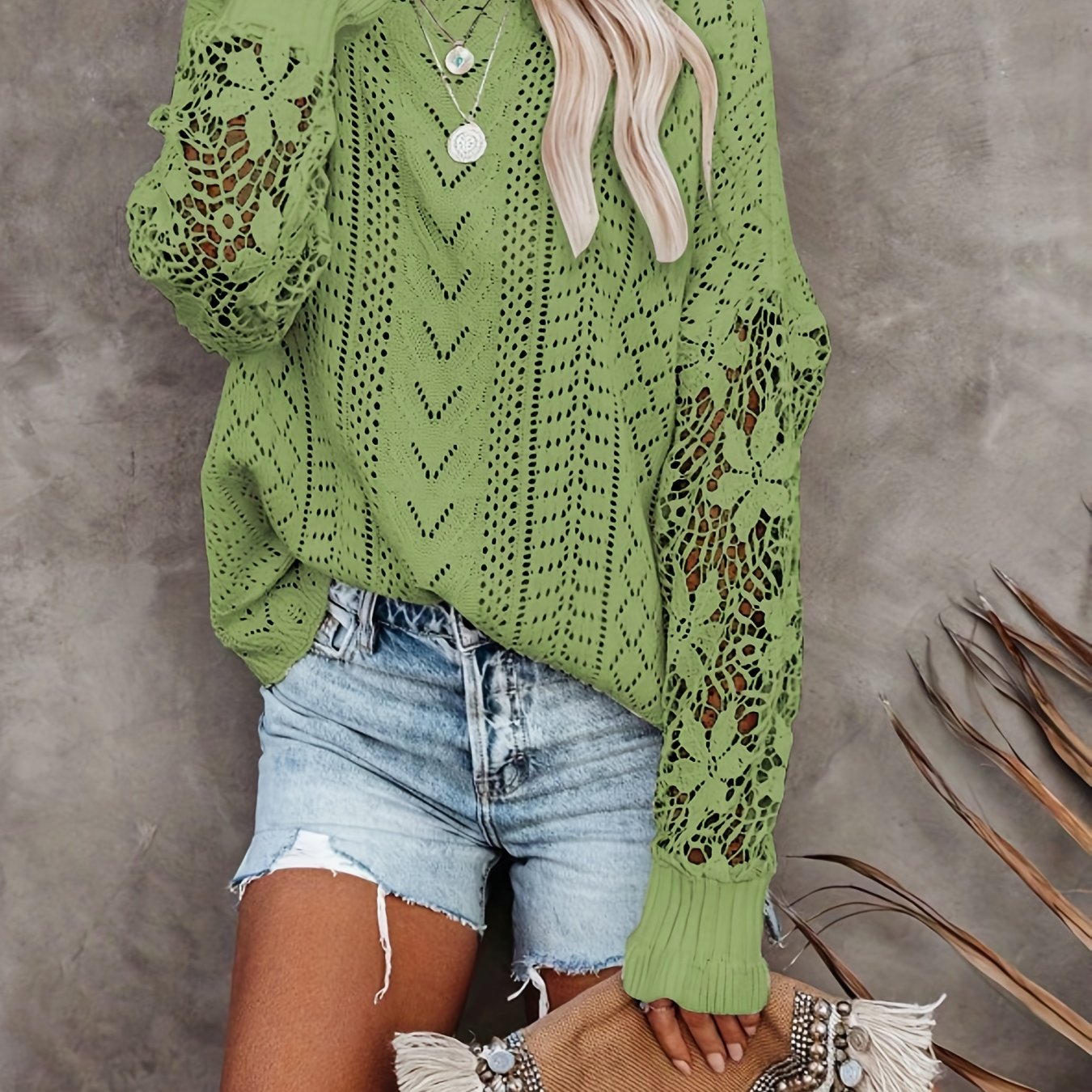 Contrast Lace Eyelet Knit Sweater, Casual Crew Neck Long Sleeve Sweater, Women's Clothing
