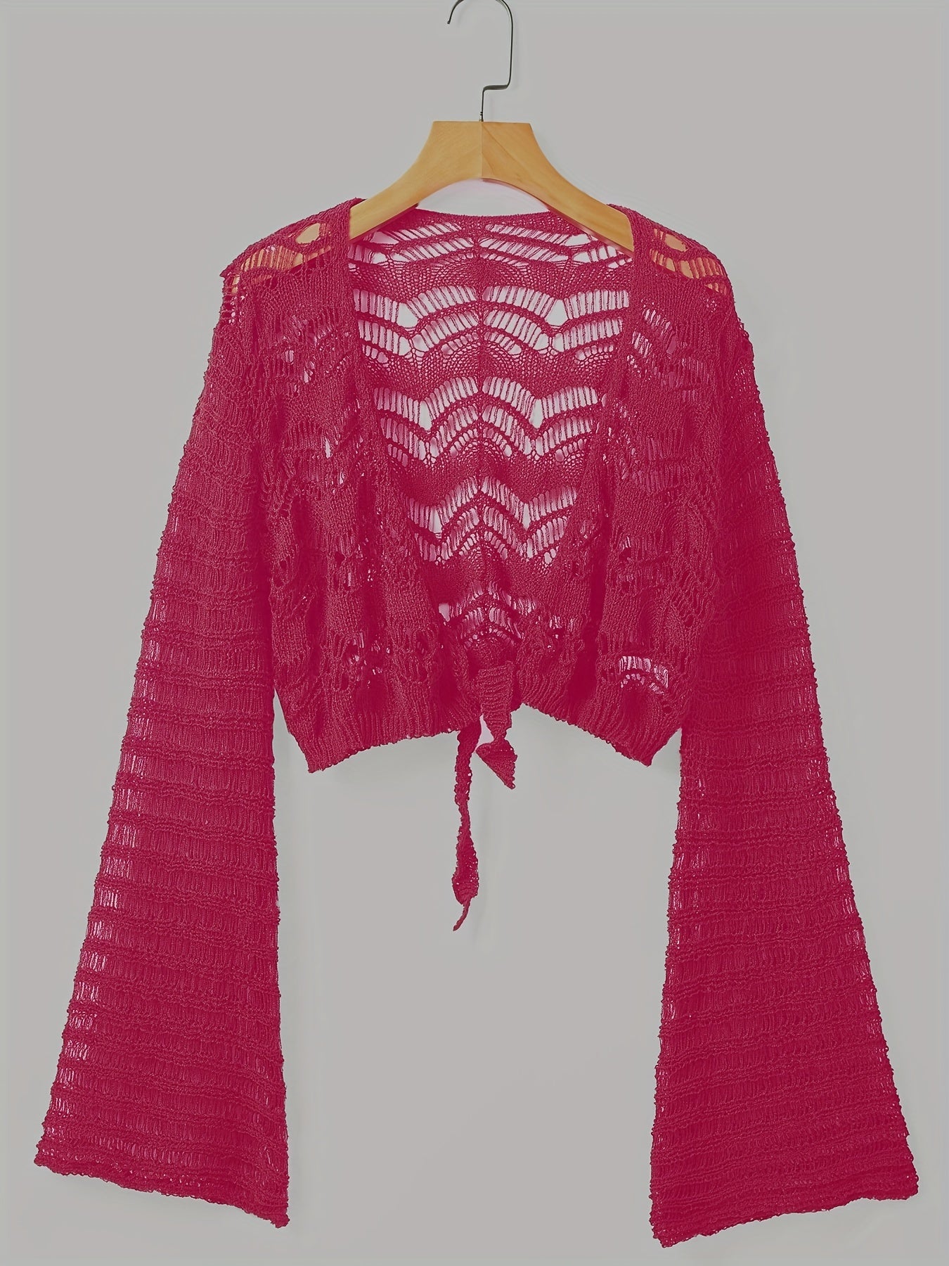 vlovelaw vlovelaw Crochet Cropped Knit Cardigan, Boho Flared Sleeve Solid Sweater, Women's Clothing