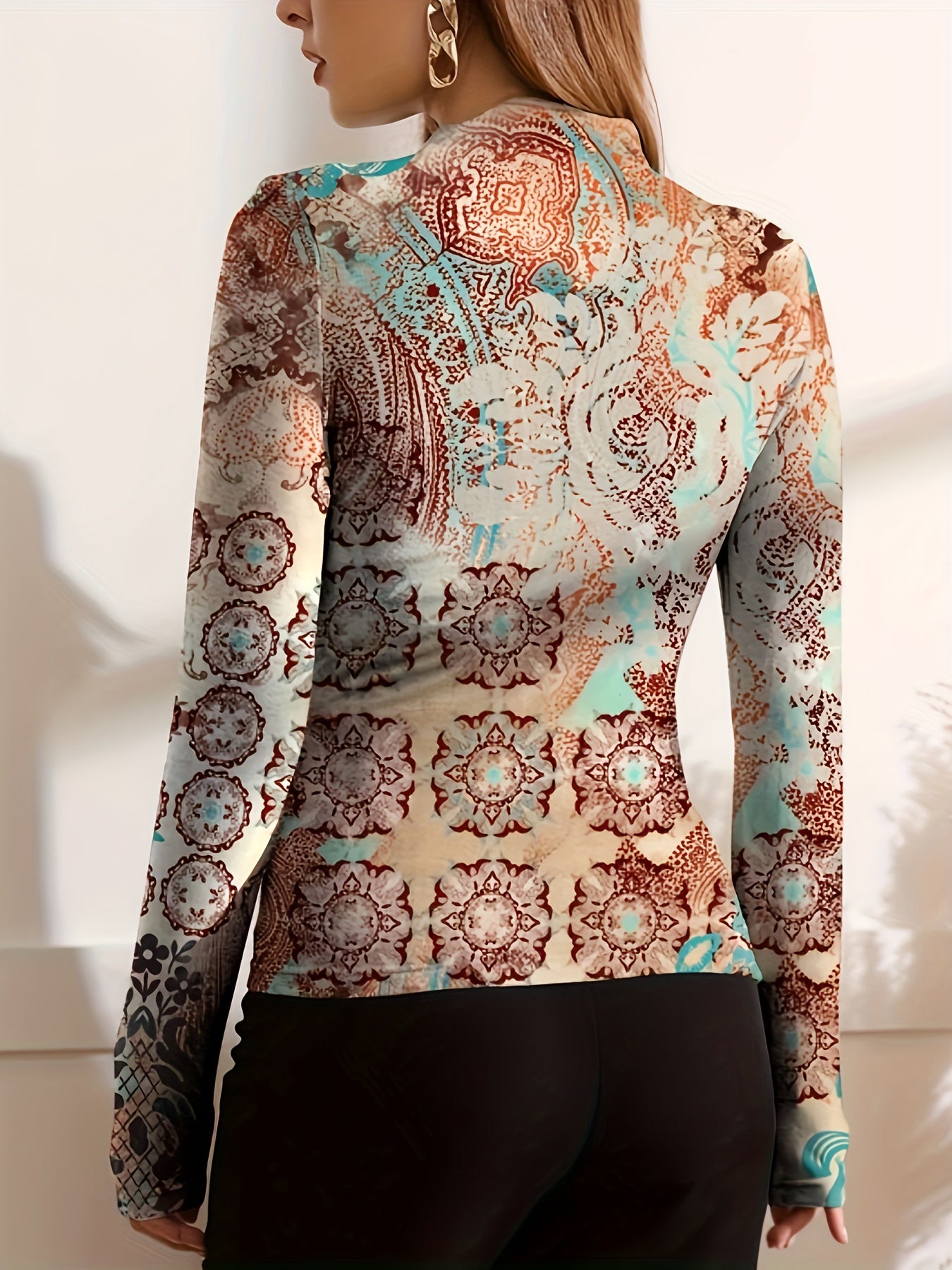 Floral Print Ruched Mock Neck T-Shirt, Casual Long Sleeve Top For Spring & Fall, Women's Clothing