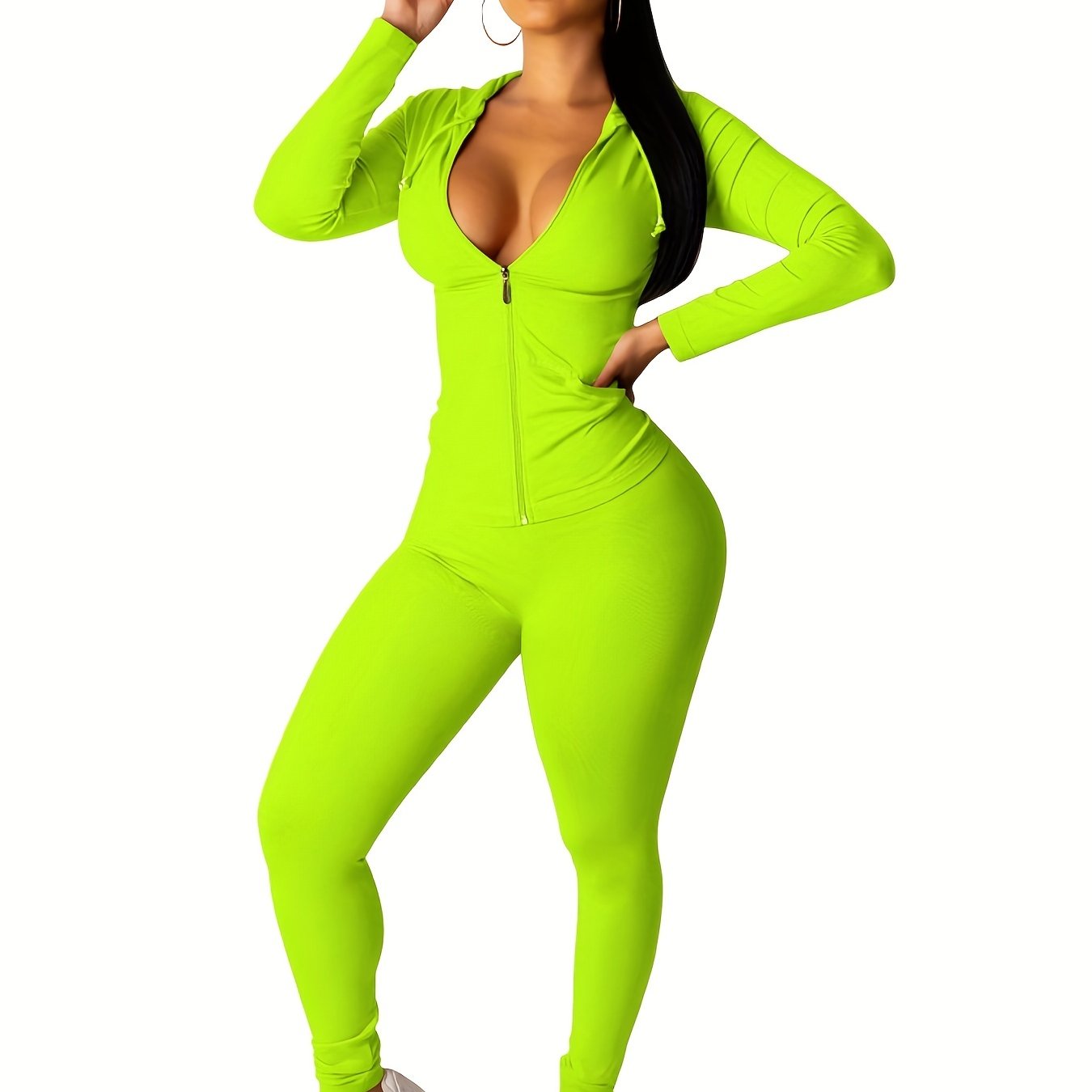 vlovelaw Solid Workout 2 Pieces Set, Drawstring Zip Up Hoodies With Pockets & Elastic Waist Jogger Pants Outfits, Women's Clothing