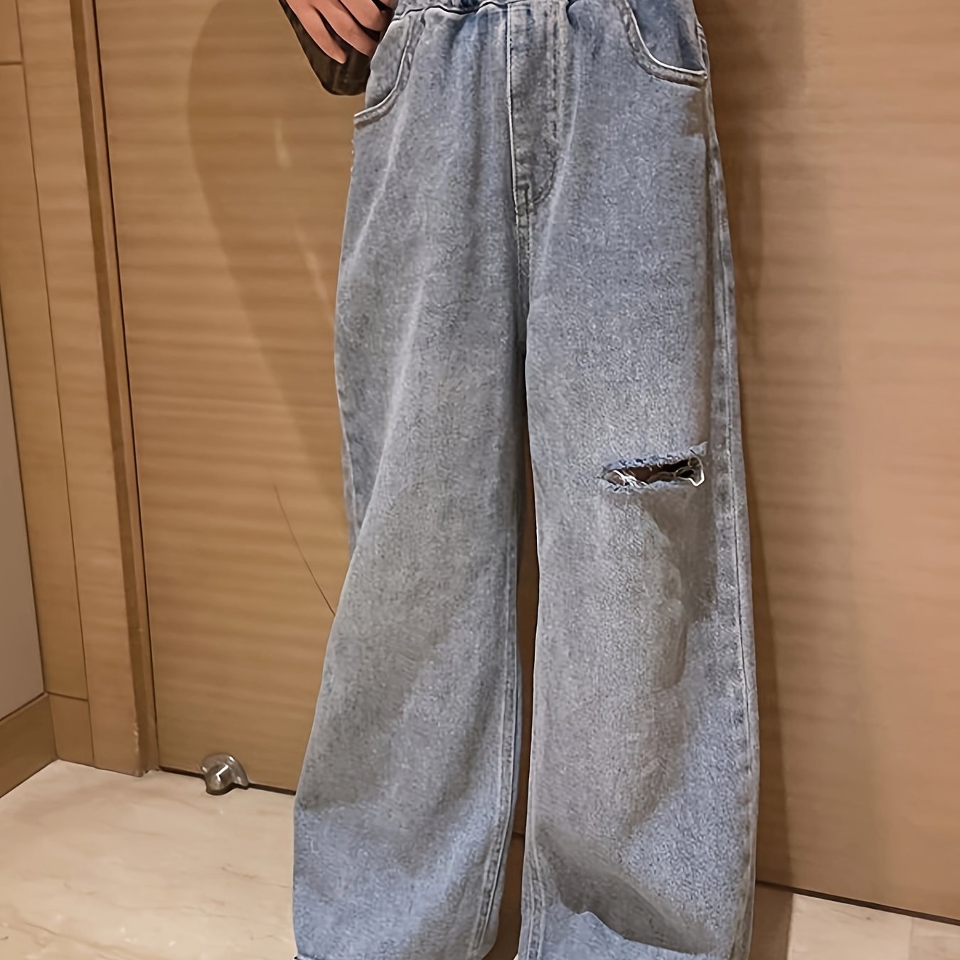 Kids Ripped Jeans Baggy Fit Wide Leg Denim Pants For Girls Boys