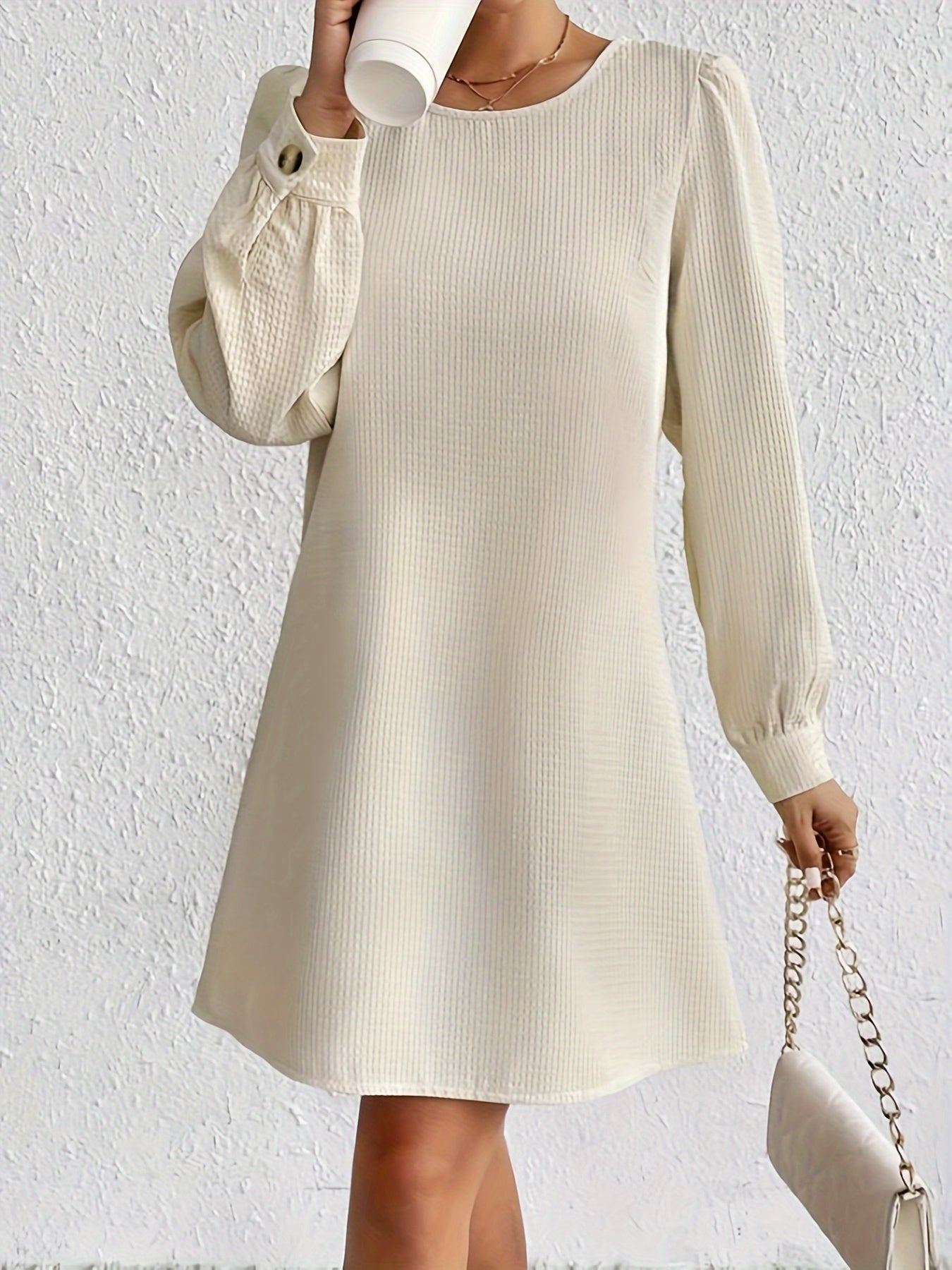 vlovelaw Solid Button Back Dress, Casual Long Sleeve Crew Neck Dress, Women's Clothing