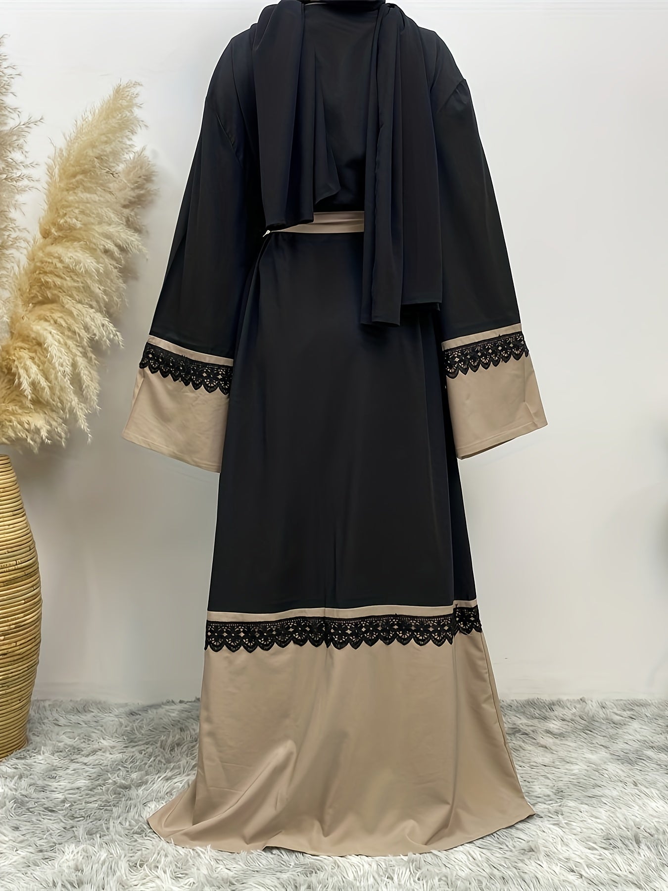 Lace Stitching Color Block Abayas, Elegant Tie Waist Long Sleeve Maxi Length Dress, Women's Clothing