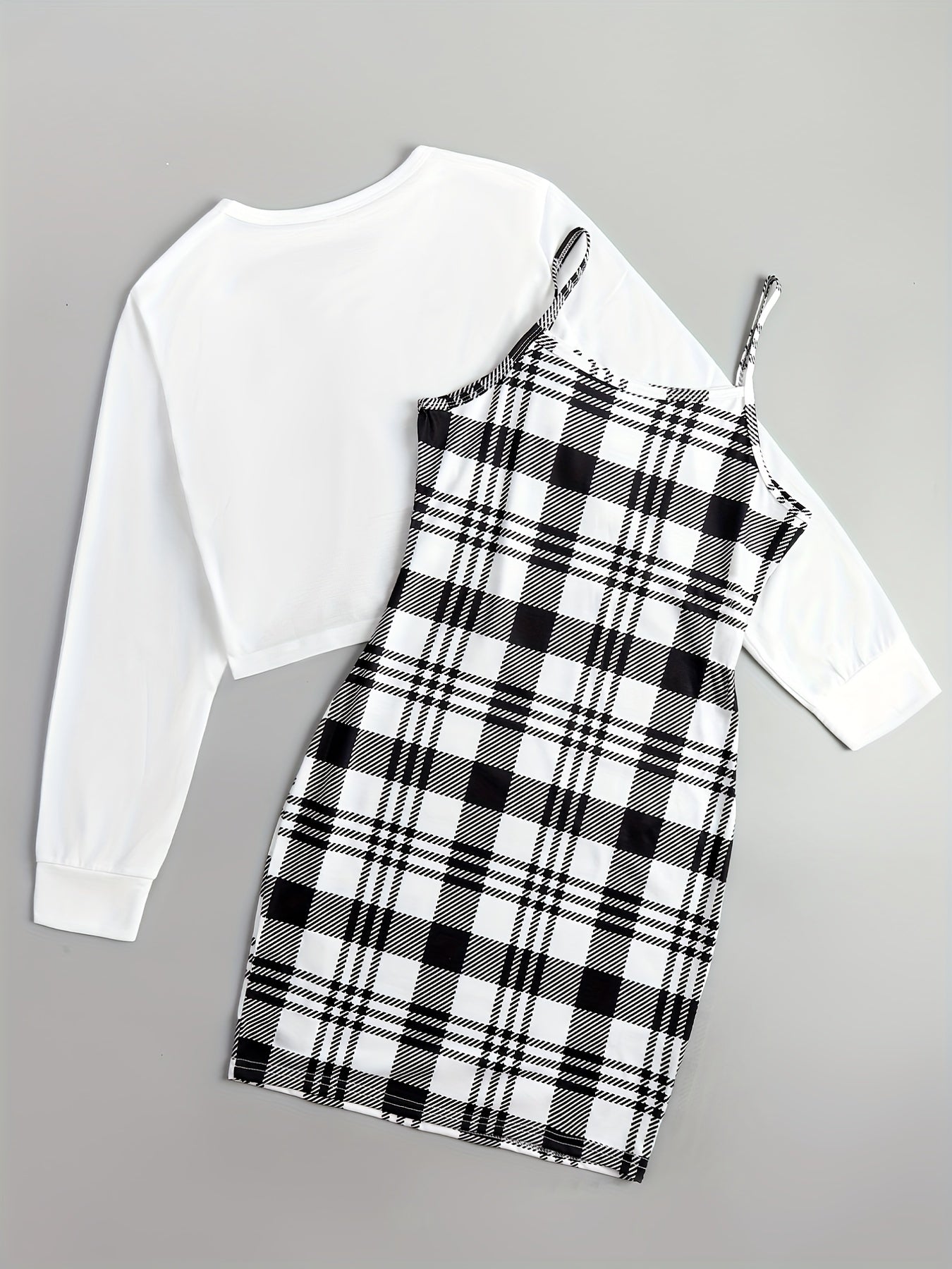 vlovelaw Casual Two-piece Dress Set, Asymmetrical Hem Long Sleeve Crop T-shirt & Plaid Pattern Cami Dress Outfits, Women's Clothing