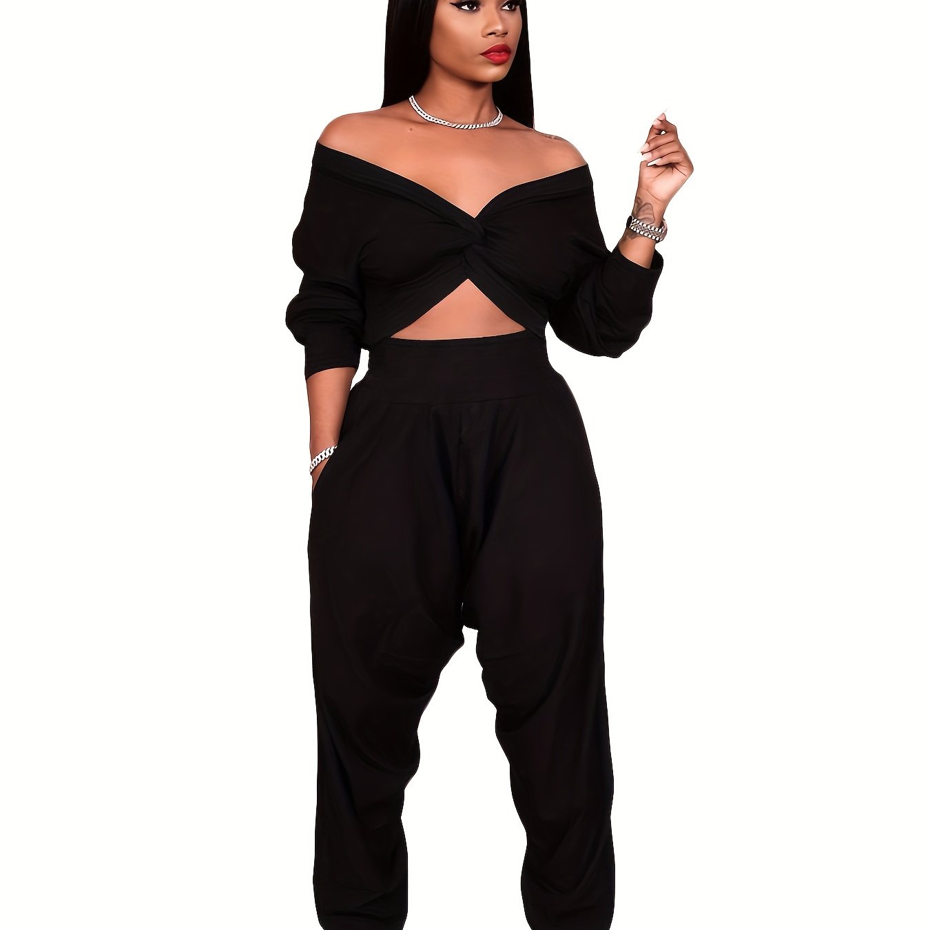 Solid Two Piece Set, V-neck Off Shoulder Crop Top & High Waist Elastic Pants, Women's Clothing