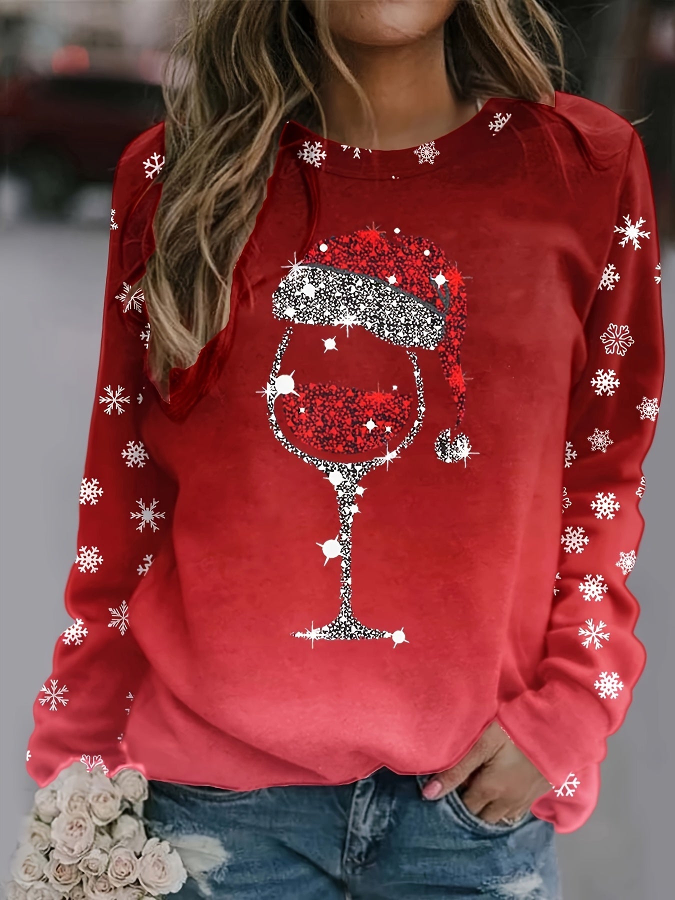 vlovelaw Christmas Snowflake Print Crew Neck Sweatshirt, Long Sleeve Casual Sports Pullover Top, Women's Clothing