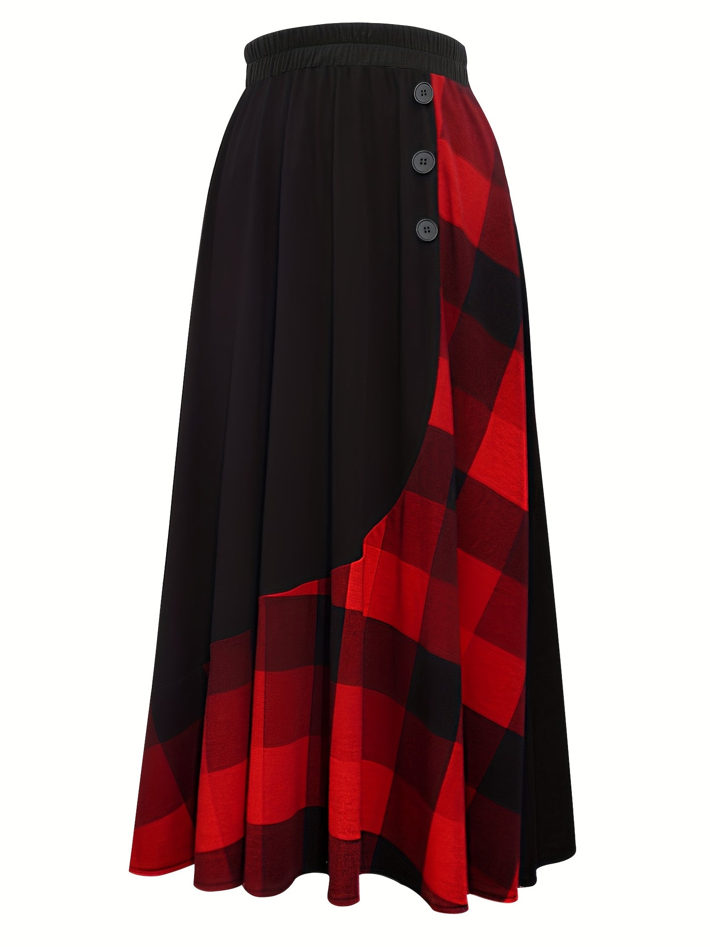 Plaid Print Elastic Waist Skirt, Elegant Button Ruffle Hem Maxi Skirt, Women's Clothing