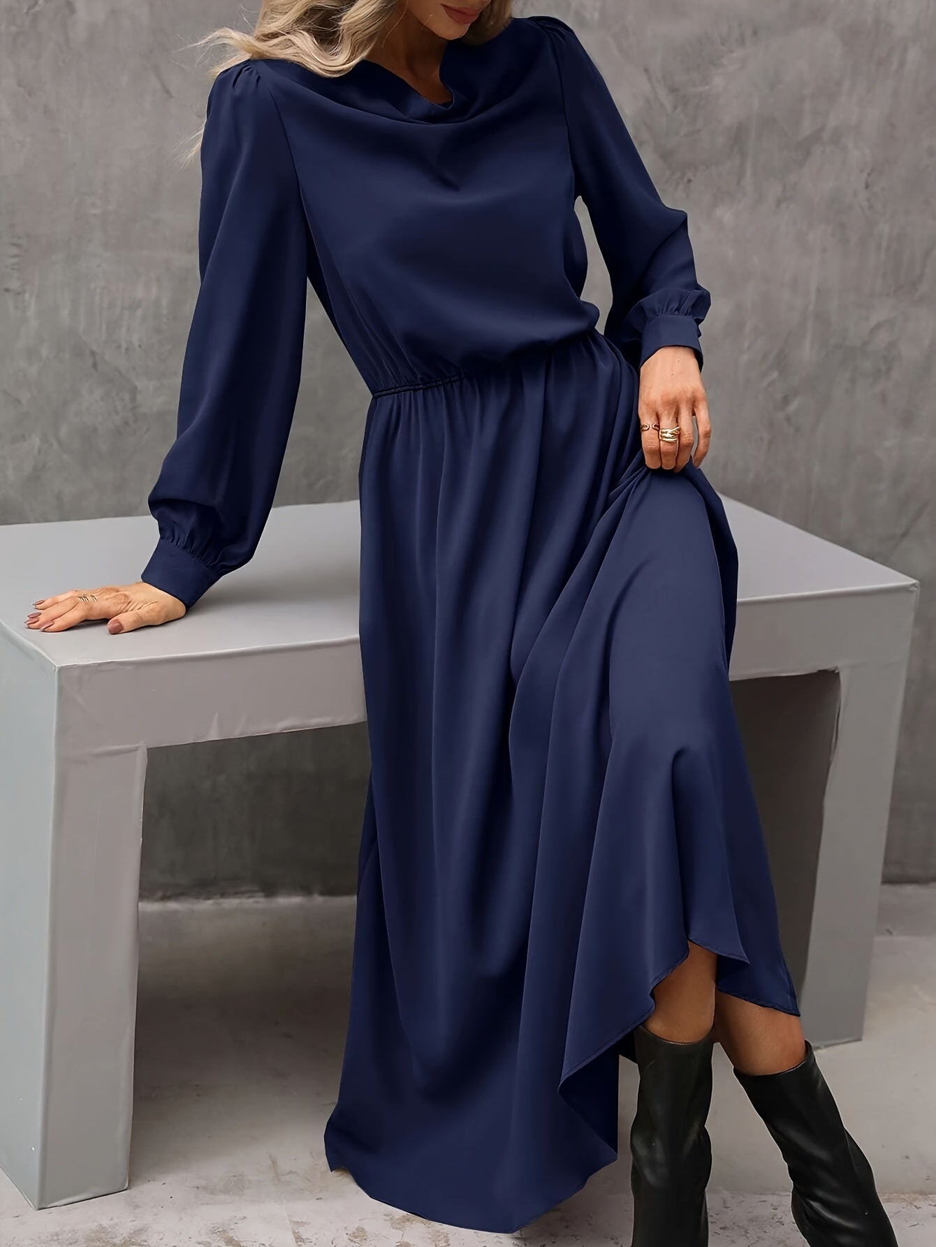 vlovelaw Cowl Neck Solid Midi Dress, Elegant Long Sleeve A Line Dress, Women's Clothing