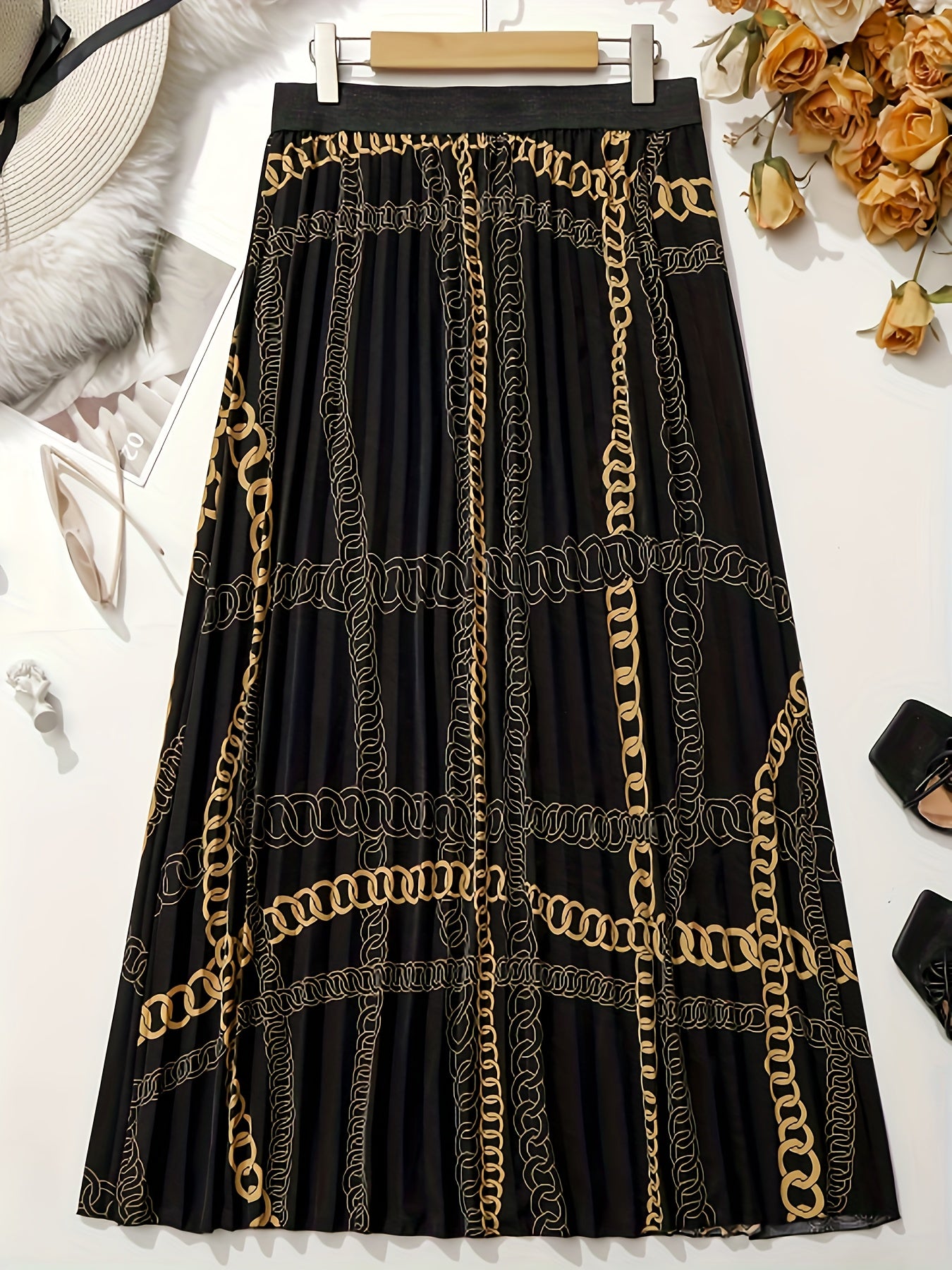 Plus Size Elegant Skirt, Women's Plus Baroque Print Slight Stretch Contrast Tape Pleated Maxi Skirt