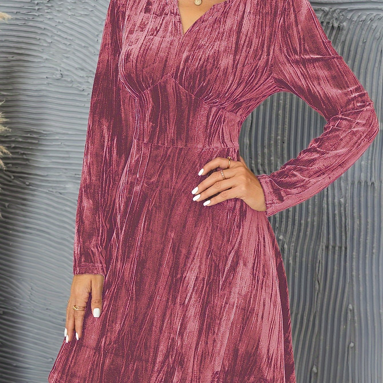 vlovelaw Solid Velvet Long Sleeve Dress, Casual Cinched Waist V Neck Dress For Spring & Fall, Women's Clothing