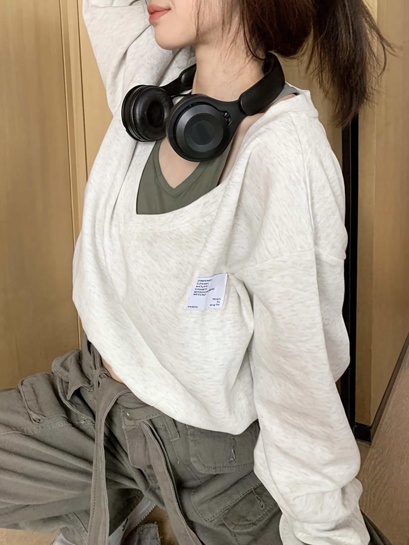 Faux Twinset Patch Pullover Sweatshirt, Casual Long Sleeve Crop Top, Women's Clothing