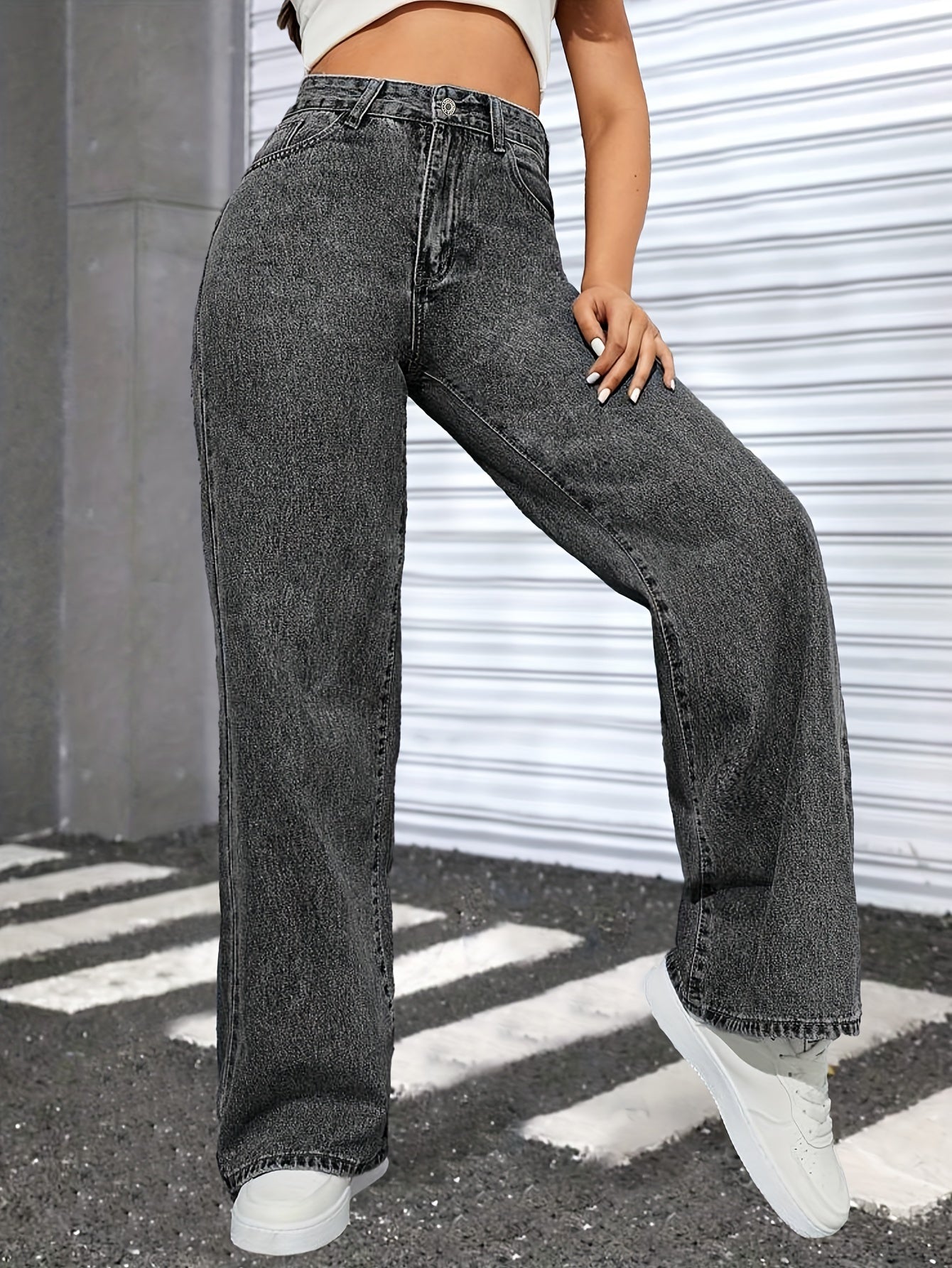 Loose Fit Washed Baggy Jeans, Slant Pockets Non-Stretch Casual Wide Legs Jeans, Women's Denim Jeans & Clothing