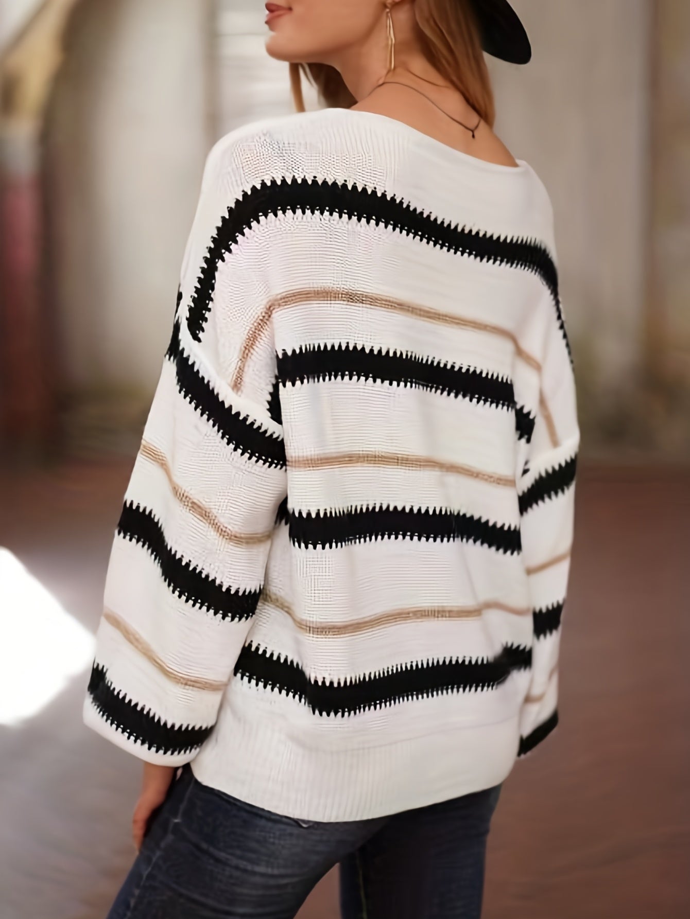 vlovelaw Striped Pattern Crew Neck Knitted Top, Casual Long Sleeve Pullover Sweater For Fall & Winter, Women's Clothing