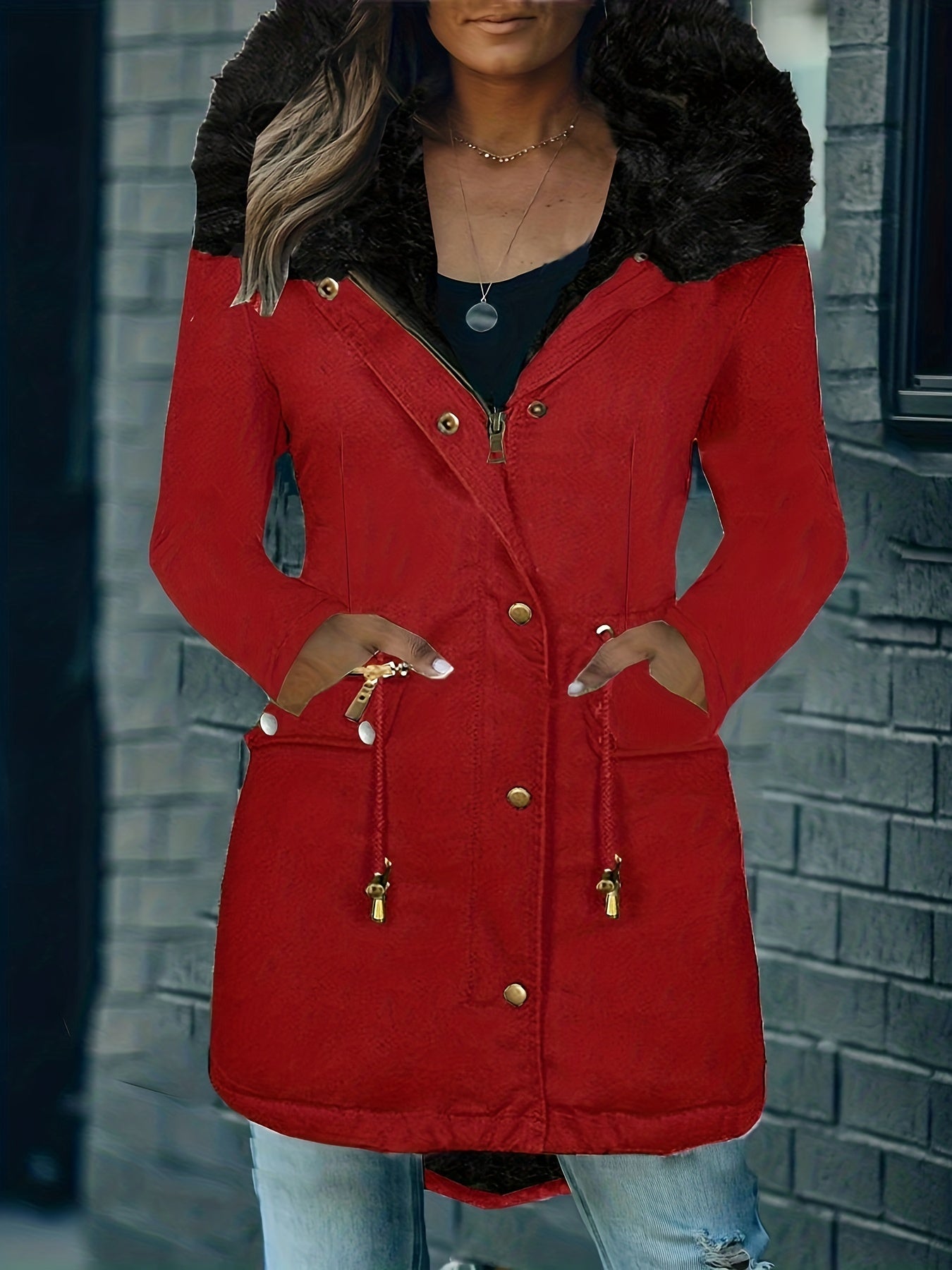 vlovelaw Faux Fur Hood Drawstring Parka Coat, Zip Up Button Front Pocket Thermal Overcoat, Women's Clothing