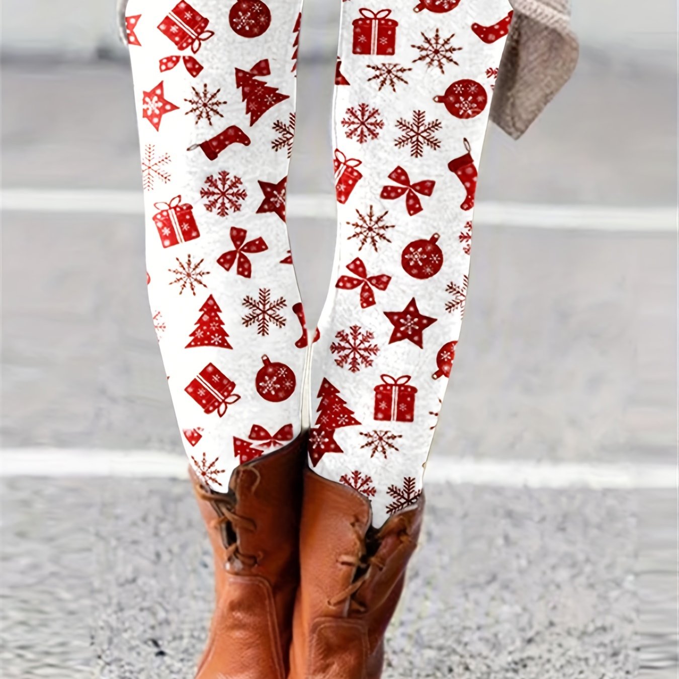 Plus Size Christmas Pants, Women's Plus Allover Print High Rise Medium Stretch Skinny Trousers