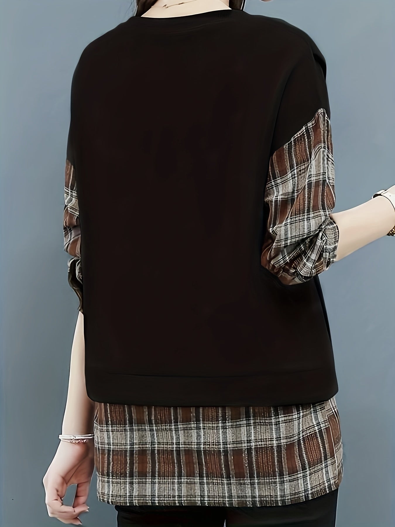vlovelaw Long Sleeve Plaid Pullover, Crew Neck Casual Top For Spring & Fall, Women's Clothing