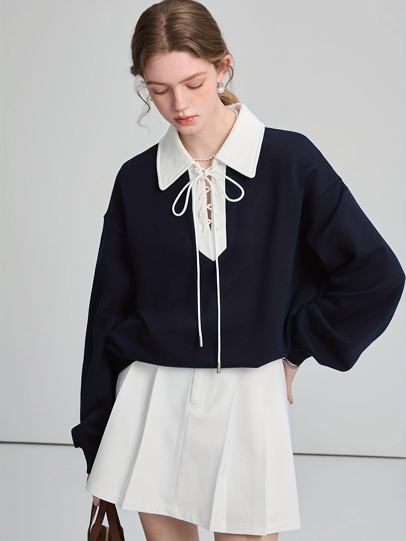 vlovelaw  Lace Up Pullover Lapel Sweatshirt, Stylish Long Sleeve Sweatshirt For Fall & Winter, Women's Clothing