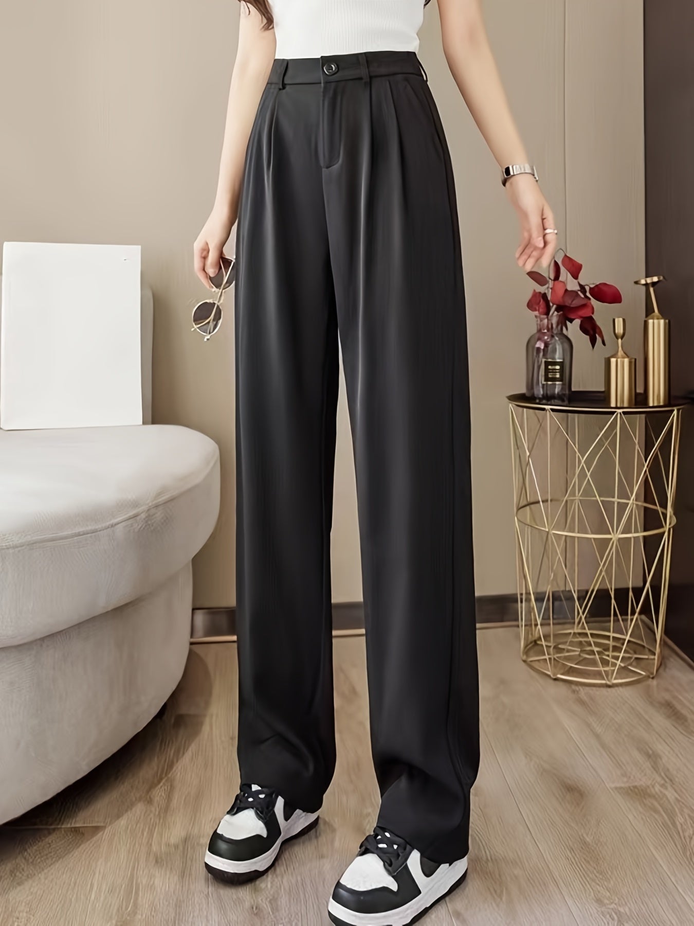 vlovelaw Solid High Waist Draped Long Length Pants, Casual Loose Spring & Autumn Pants, Women's Clothing