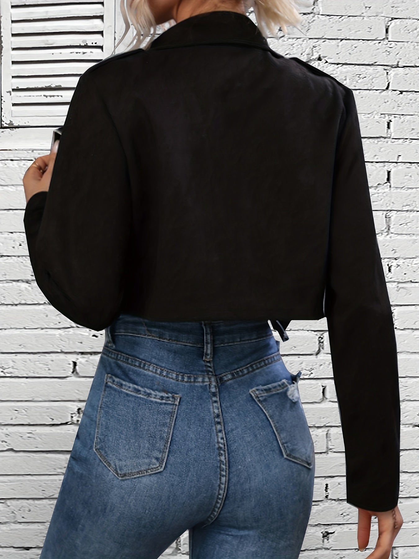 Solid Slant Zip Motor Jacket, Casual Long Sleeve Button Decor Crop Jacket For Spring & Fall, Women's Clothing