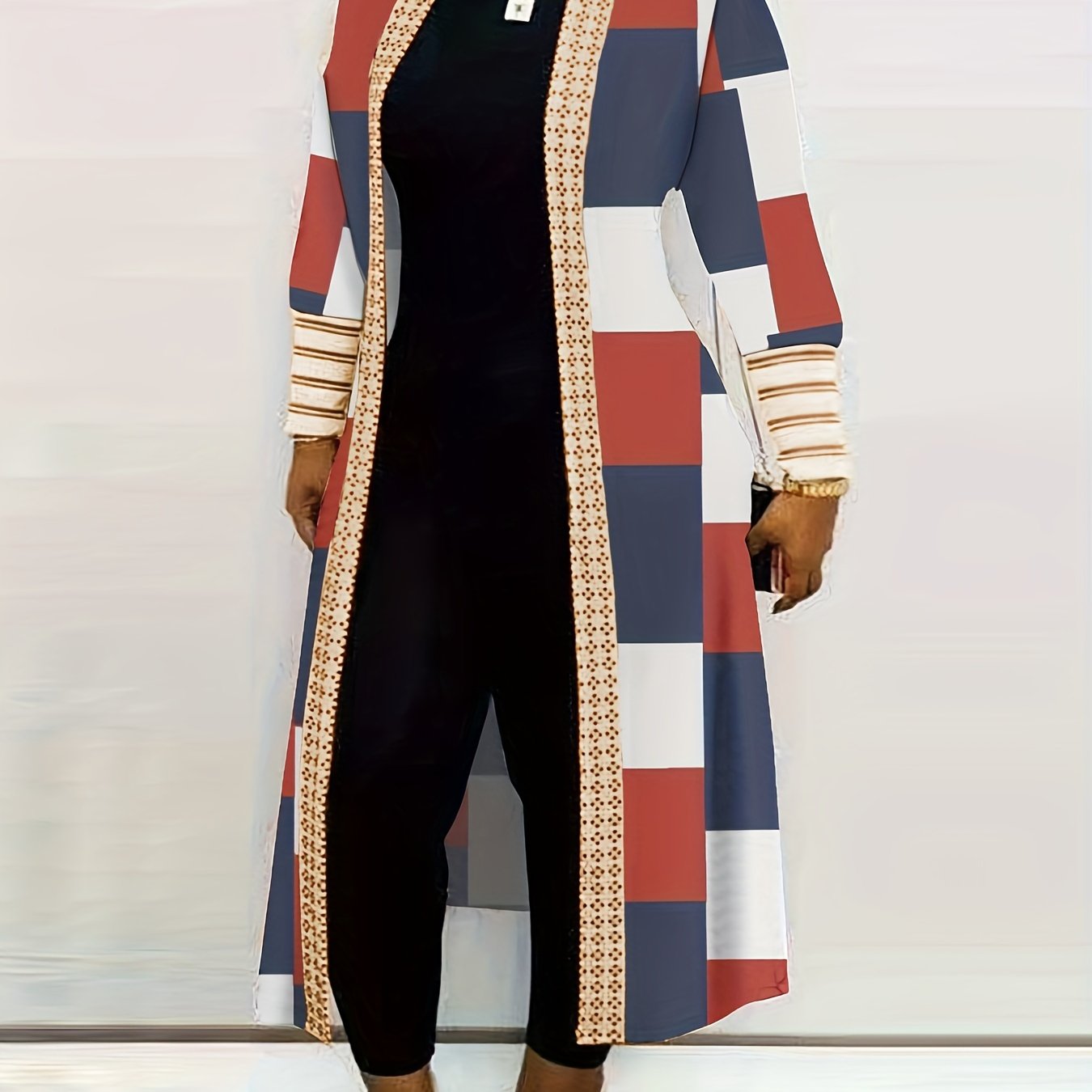 vlovelaw Plus Size Colorblock Longline Coat, Women's Plus Slight Stretch Casual Trench Coat